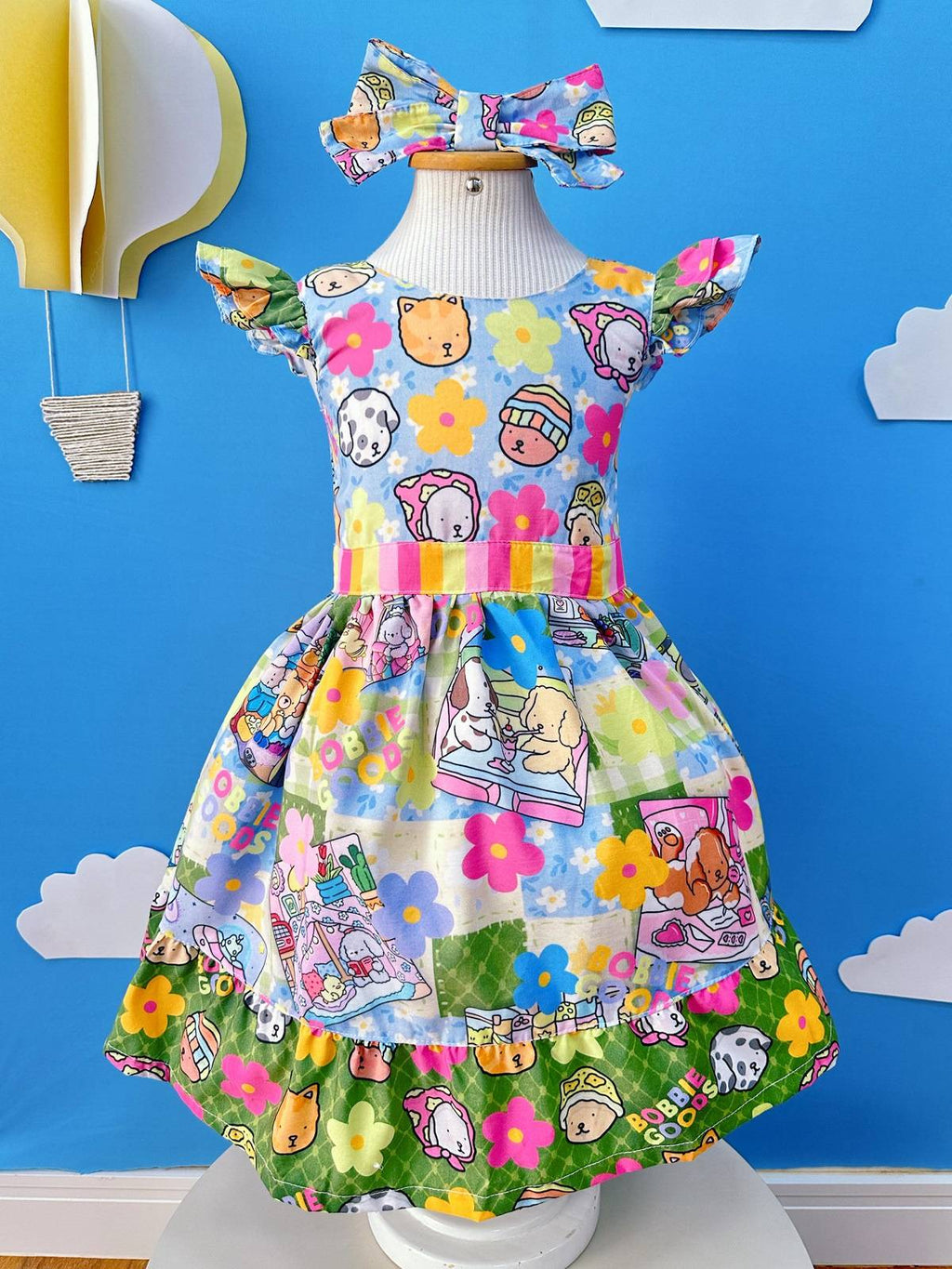 Vestido Infantil Colorido em Poliéster com Laço de Cabelo para Festas