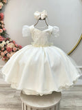 Vestido Infantil Marfim com Renda e Cinto de Pérolas para Festas