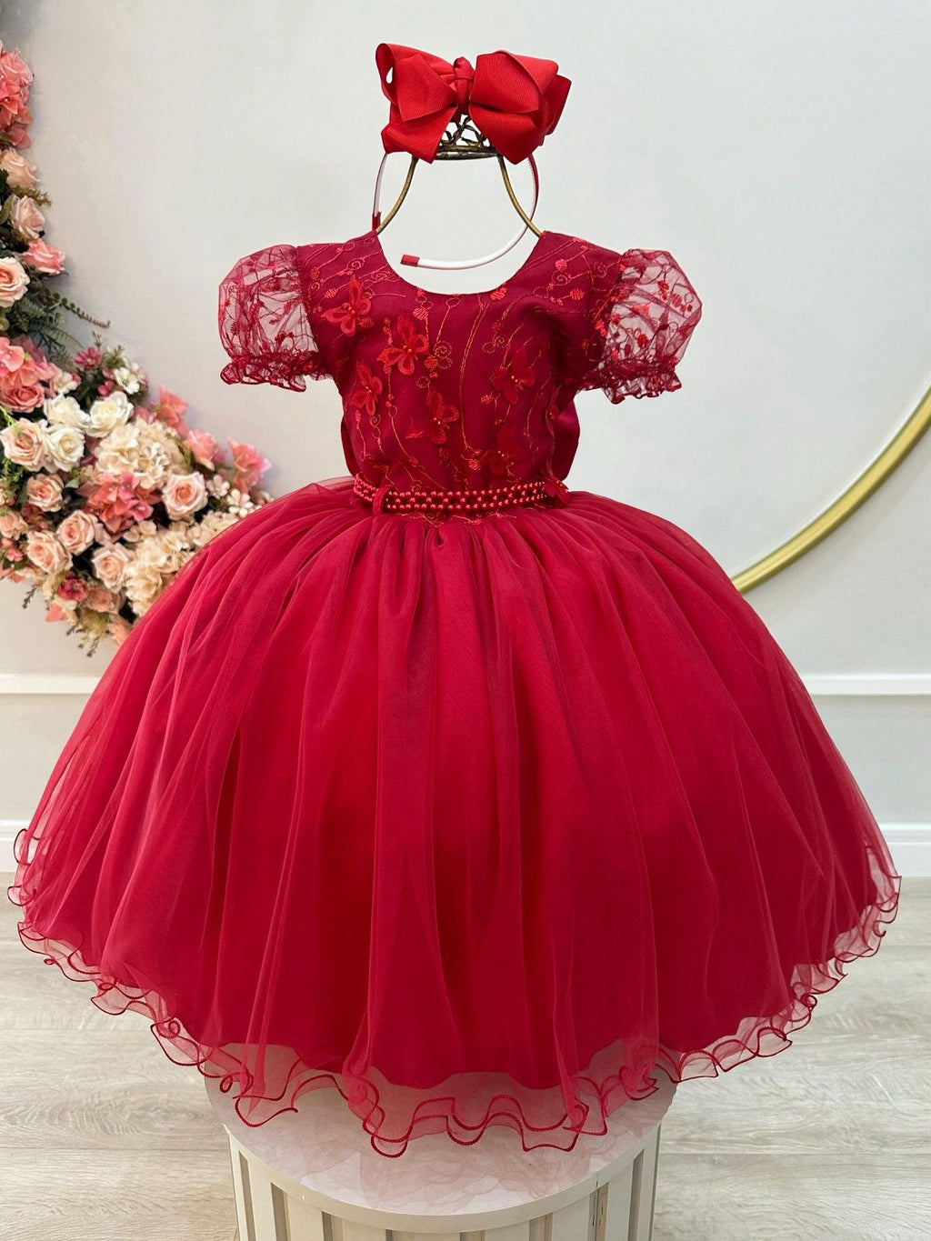 Vestido Infantil Vermelho Escuro Com Renda Para Daminhas De Festas