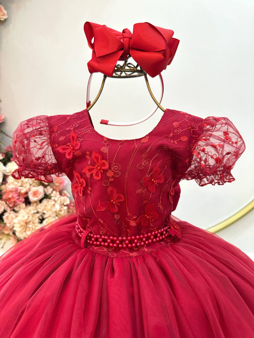 Vestido Infantil Vermelho Escuro Com Renda Para Daminhas De Festas