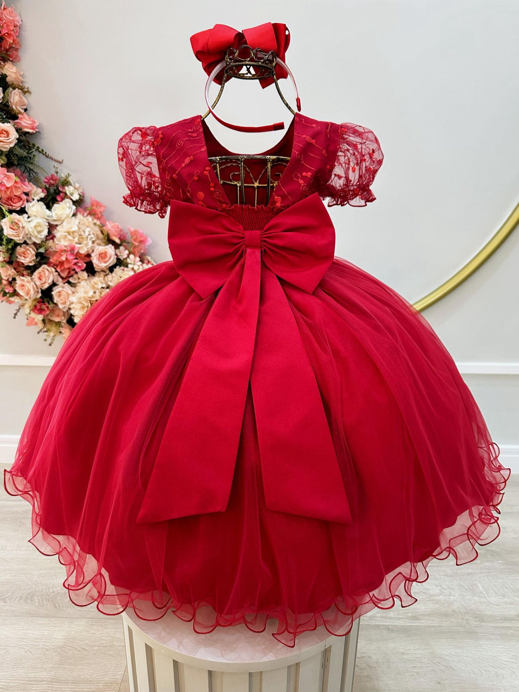 Vestido Infantil Vermelho Escuro Com Renda Para Daminhas De Festas
