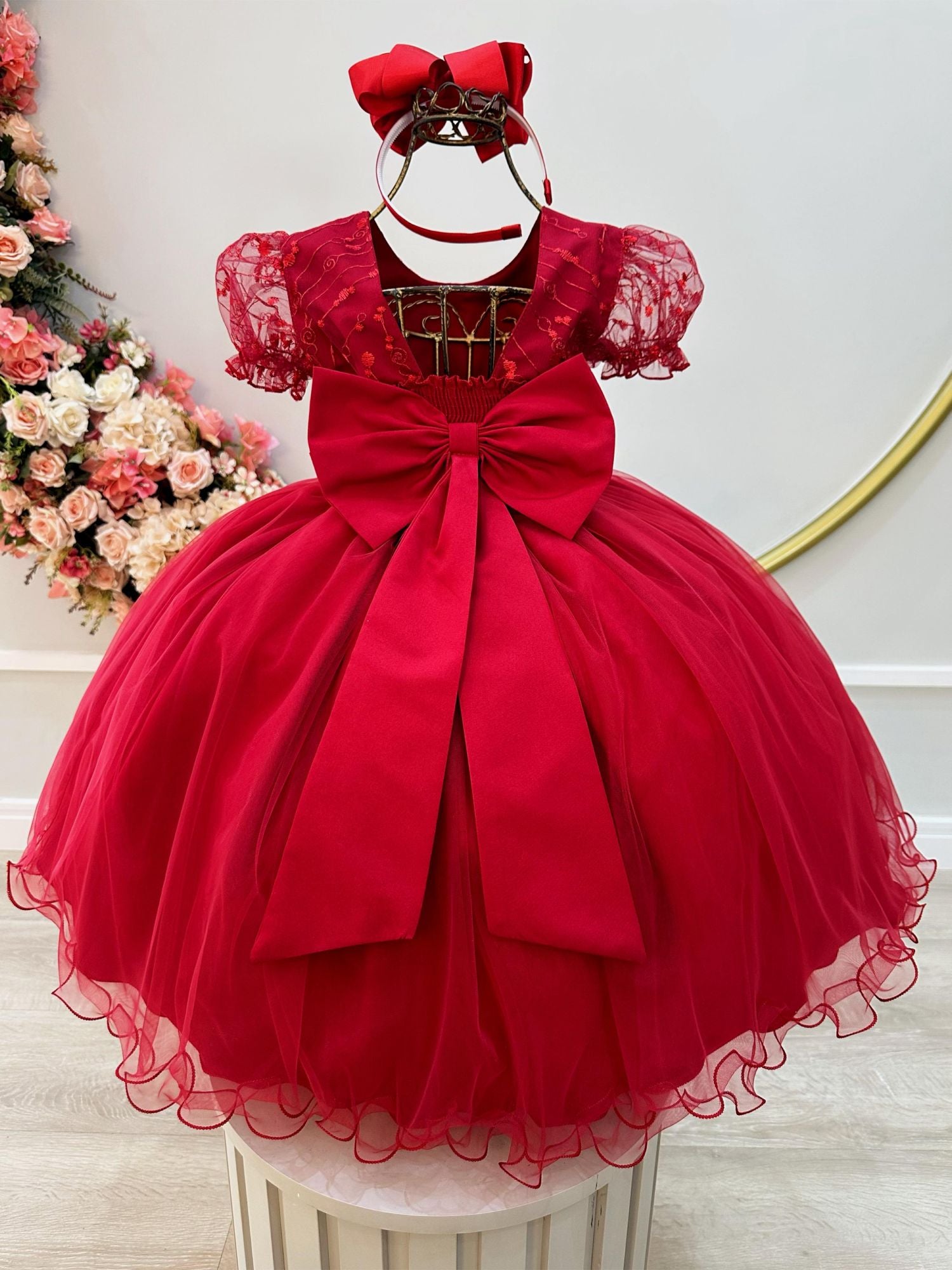 Vestido Infantil Vermelho Escuro Com Renda Para Daminhas De Festas