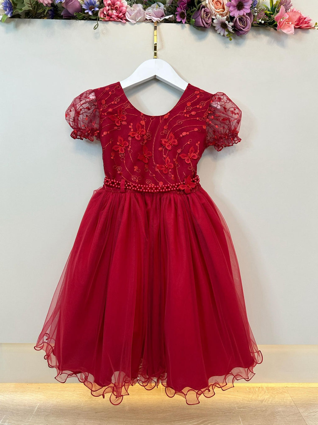 Vestido Infantil Vermelho Escuro Com Renda Para Daminhas De Festas