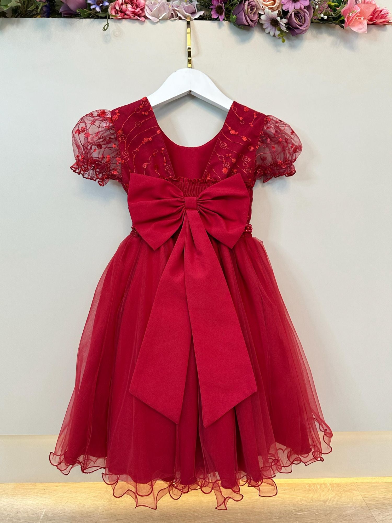 Vestido Infantil Vermelho Escuro Com Renda Para Daminhas De Festas