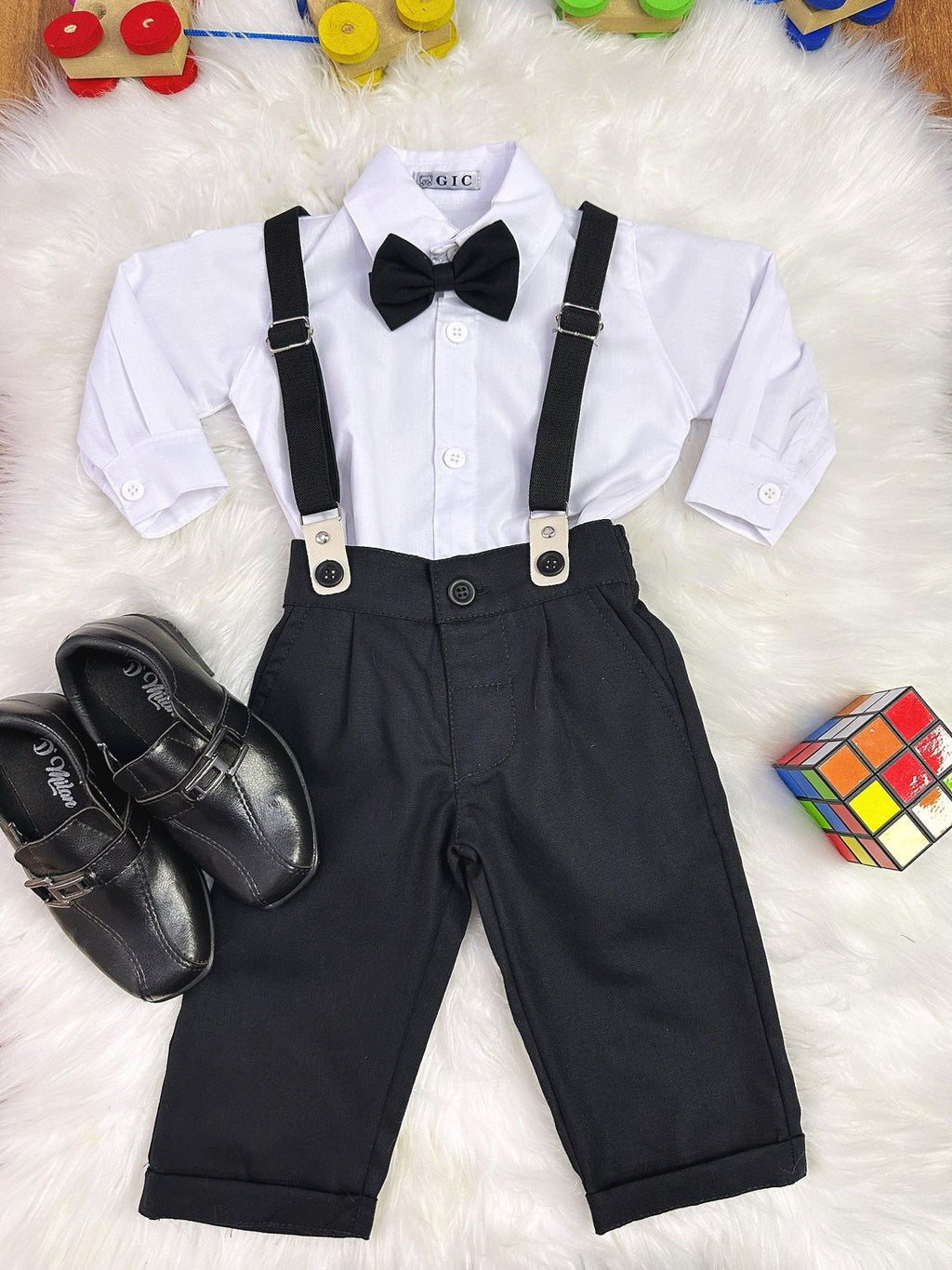 Conjunto Social Bebê Preto e Branco com Calça de Algodão e Camisa de Poliéster