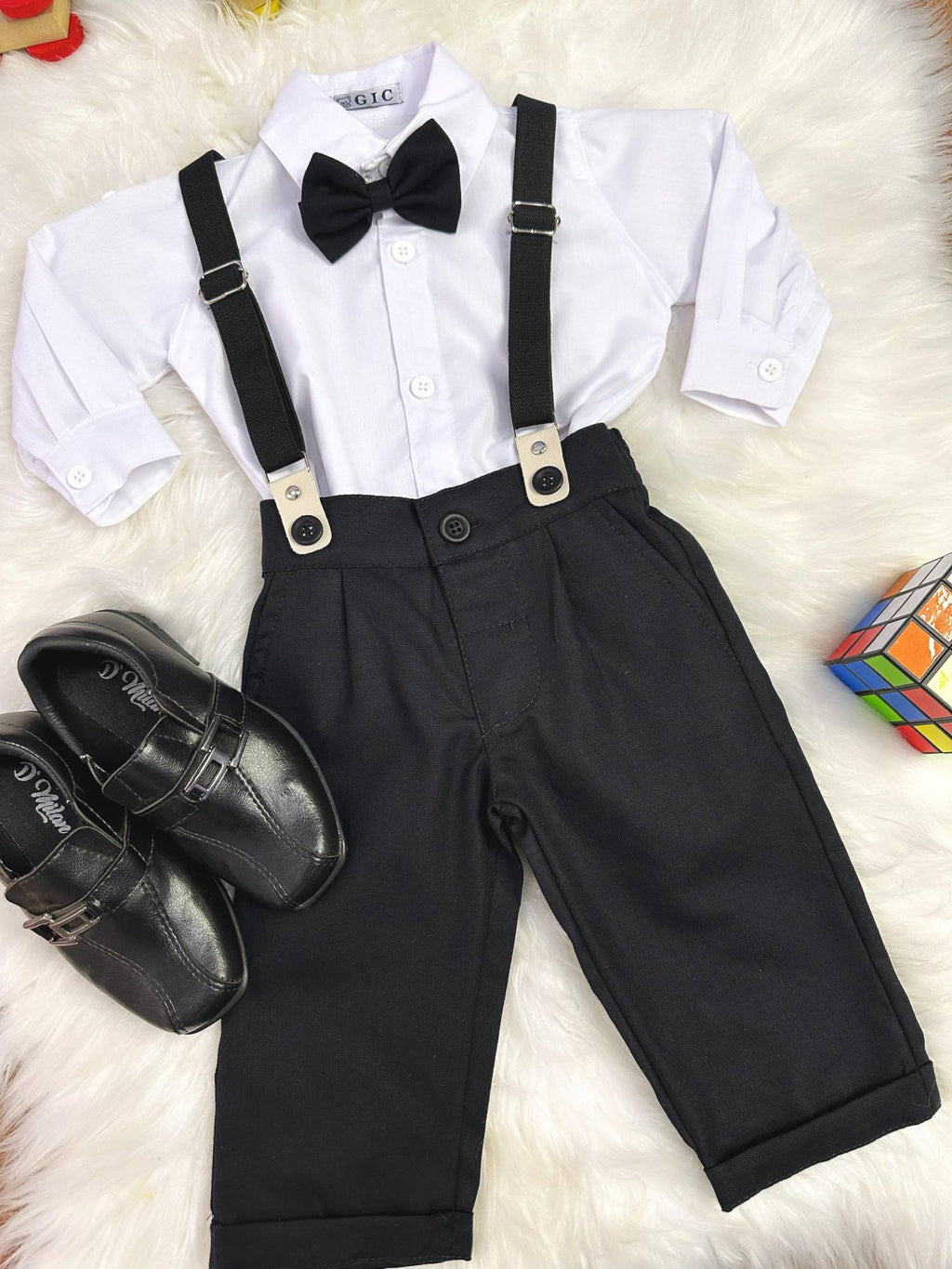 Conjunto Social Bebê Preto e Branco com Calça de Algodão e Camisa de Poliéster