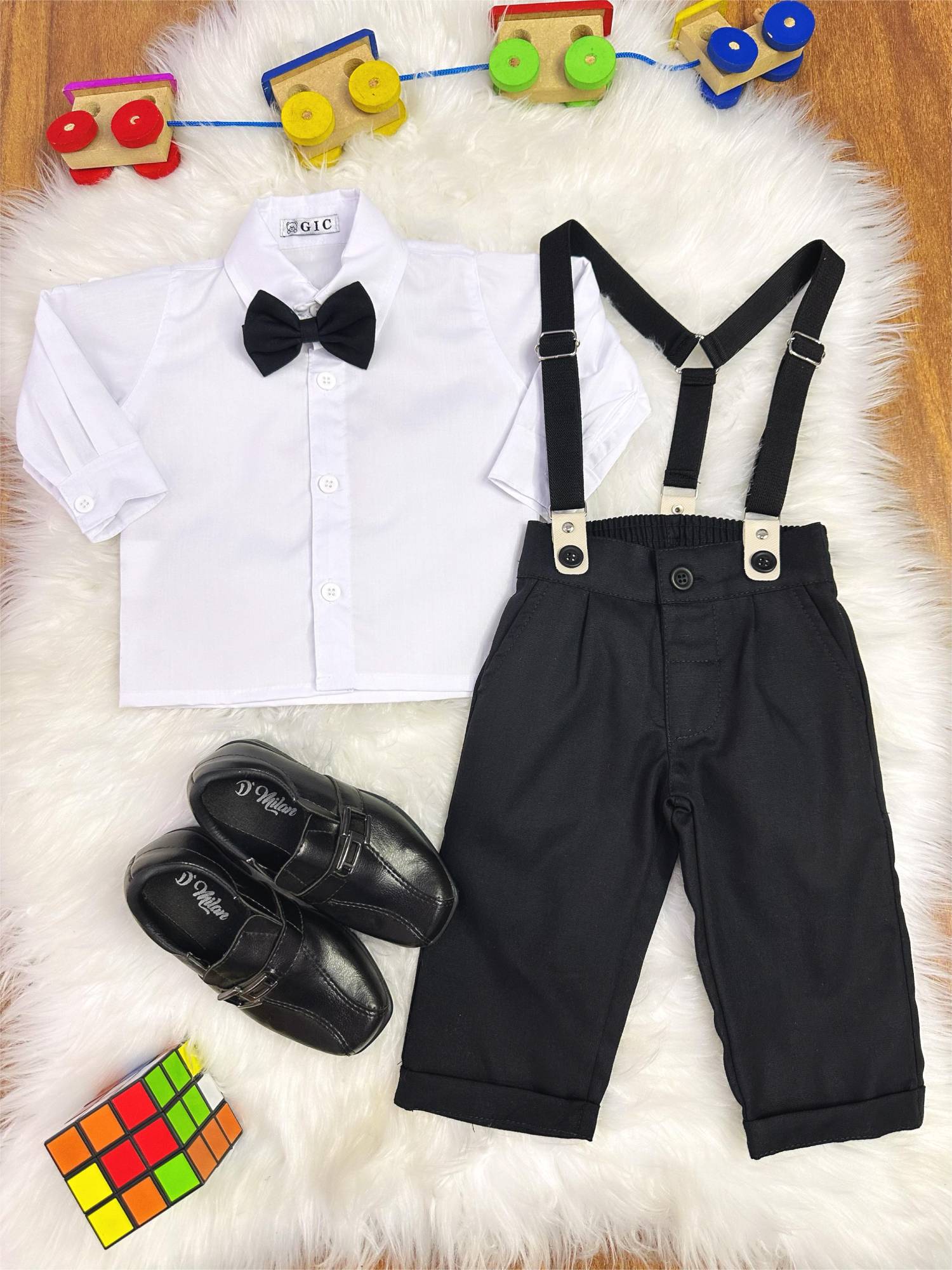 Conjunto Social Bebê Preto e Branco com Calça de Algodão e Camisa de Poliéster