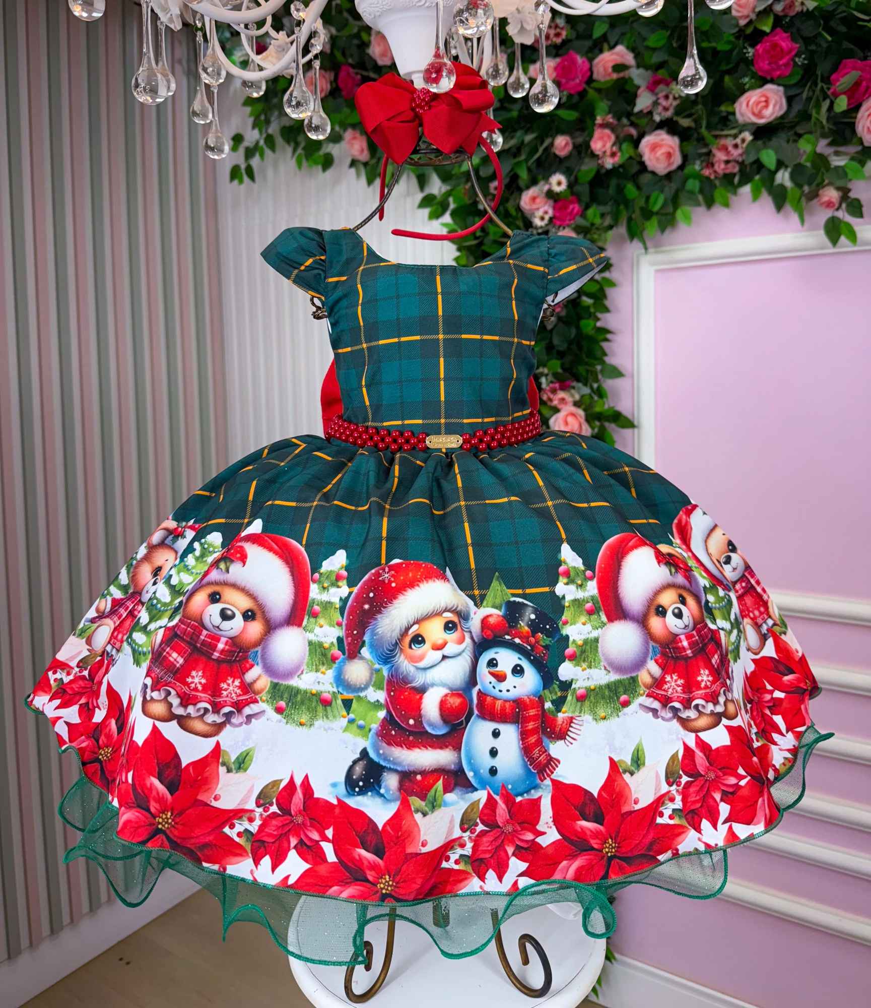 Vestido Verde Escuro com Ursinhos Natalinos e Laço Vermelho