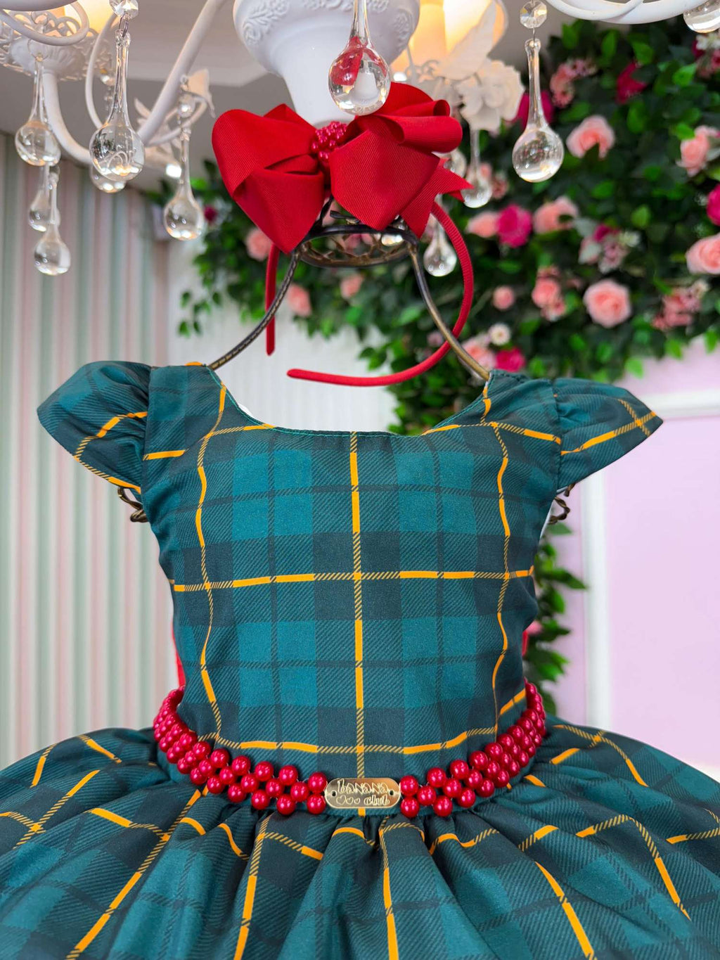 Vestido Verde Escuro com Ursinhos Natalinos e Laço Vermelho