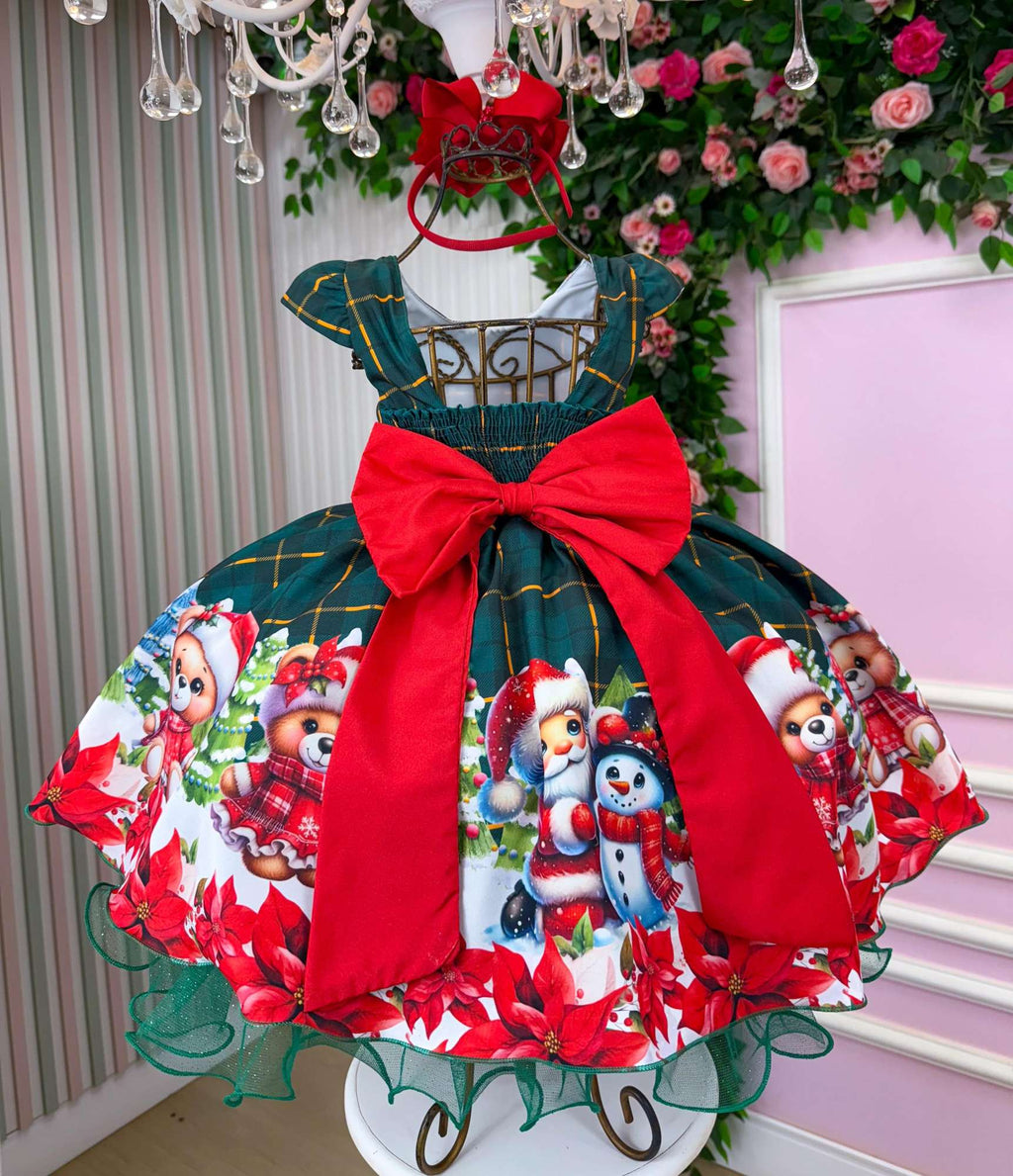 Vestido Verde Escuro com Ursinhos Natalinos e Laço Vermelho