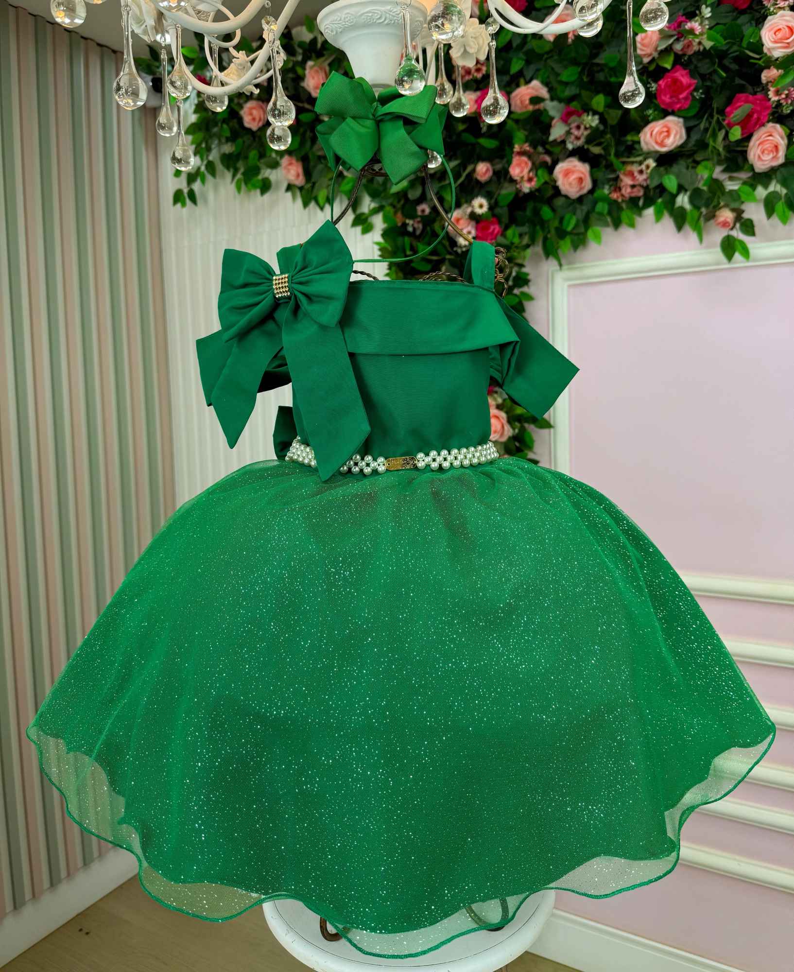 Vestido Verde Midi com Tule de Glitter para Festas de Natal