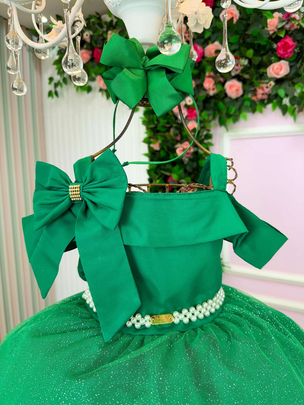 Vestido Verde Midi com Tule de Glitter para Festas de Natal