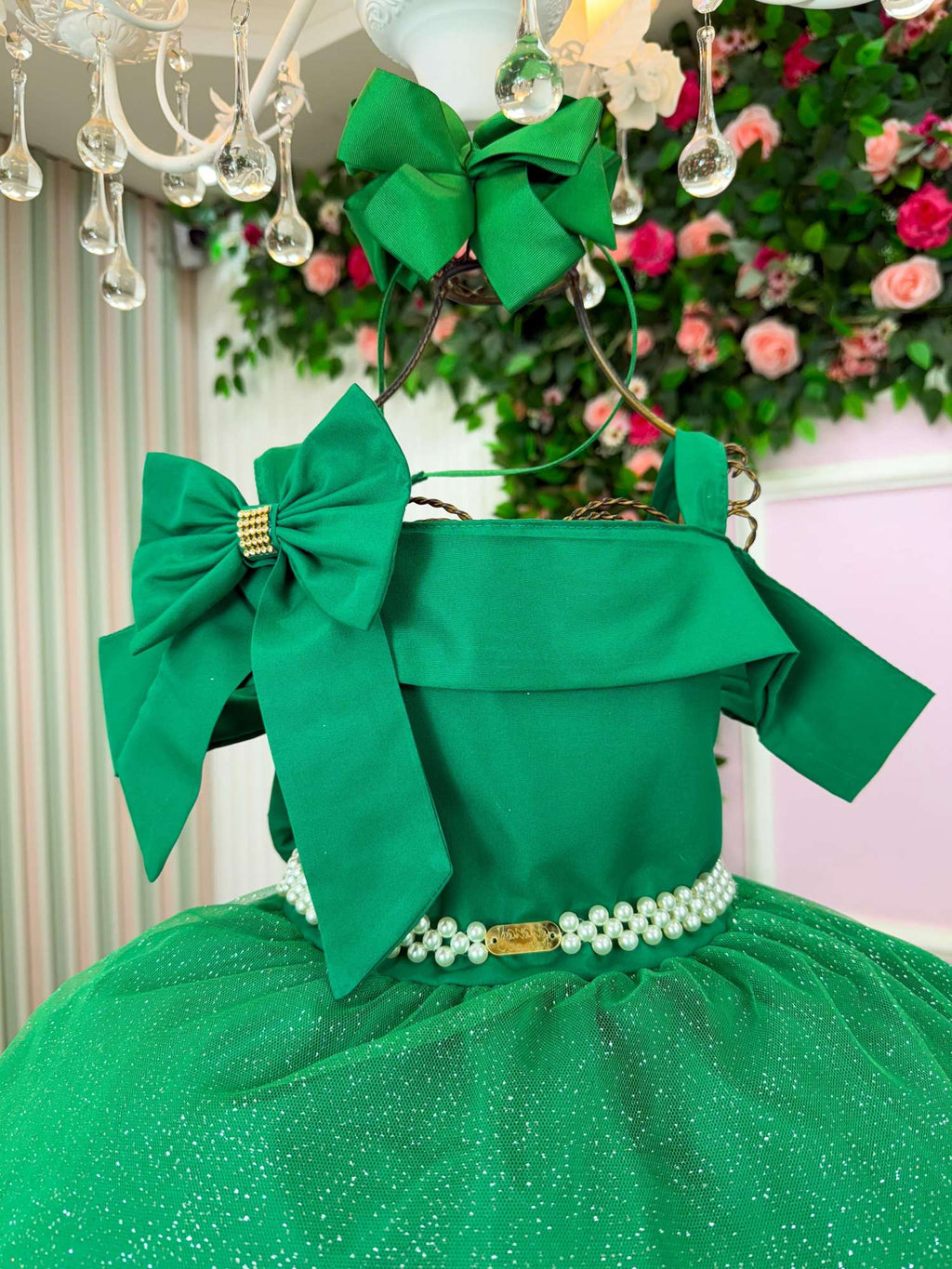 Vestido Verde Midi com Tule de Glitter para Festas de Natal
