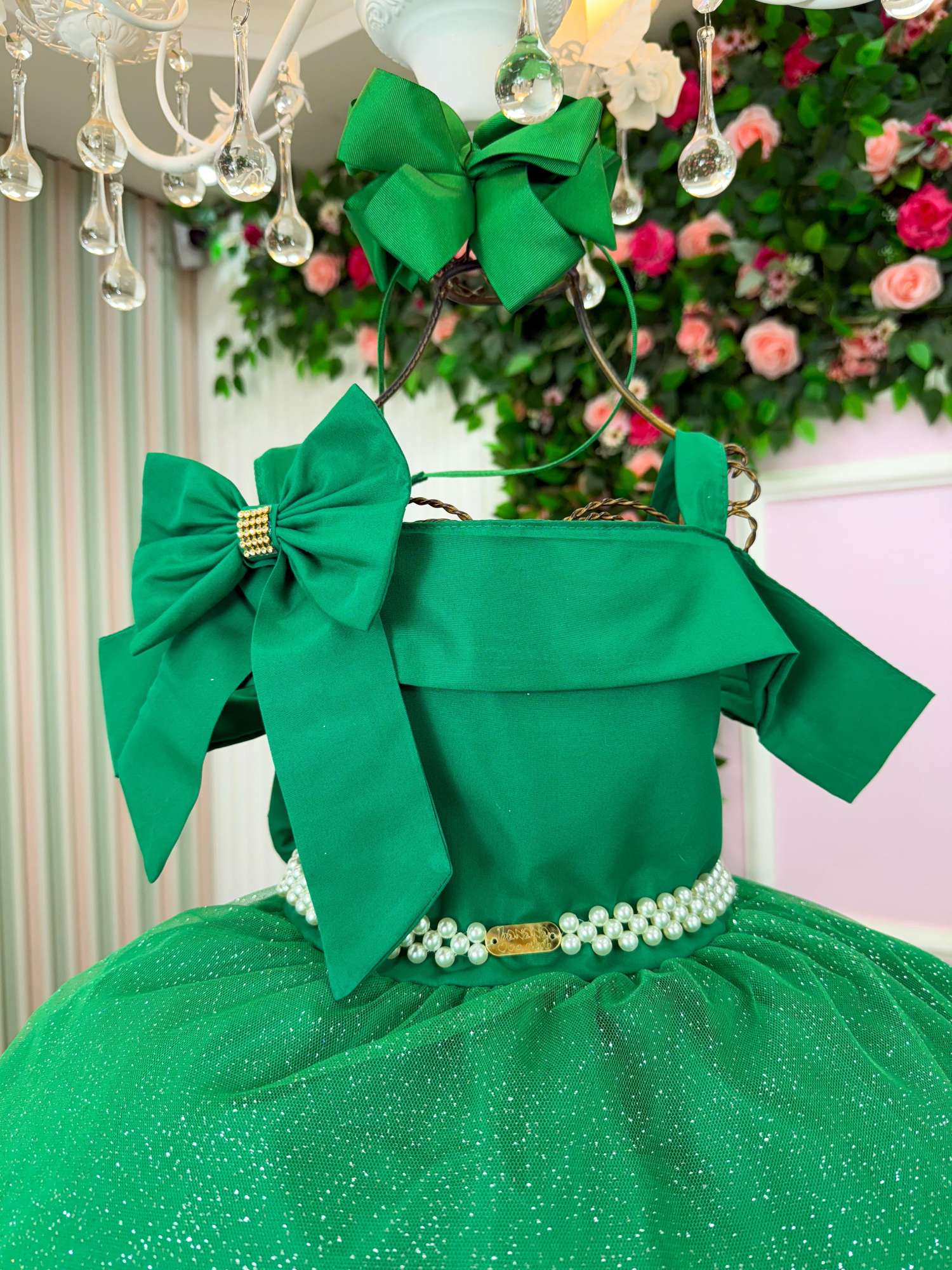 Vestido Verde Midi com Tule de Glitter para Festas de Natal