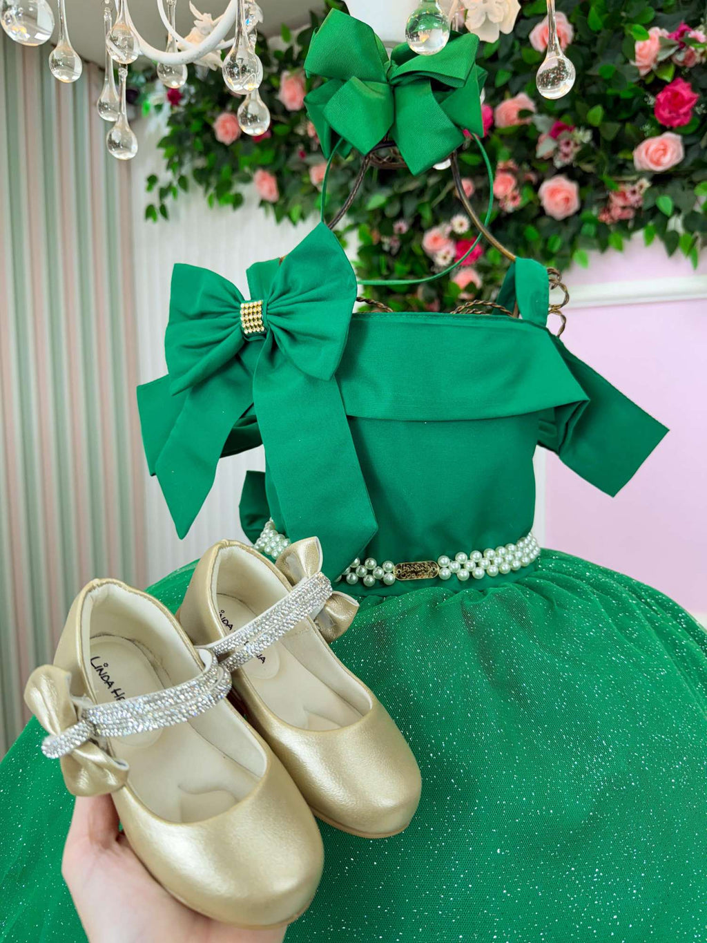 Vestido Verde Midi com Tule de Glitter para Festas de Natal