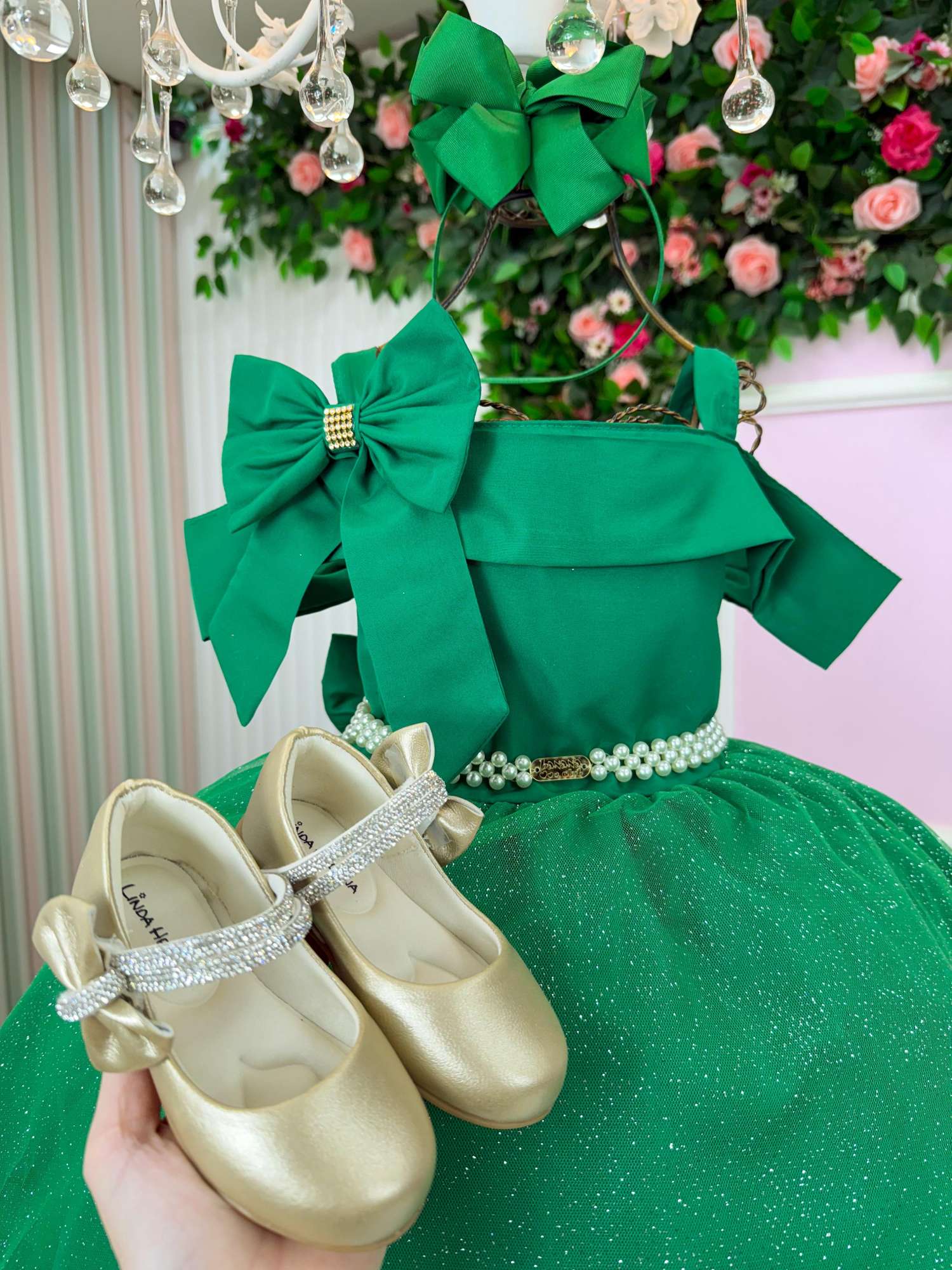 Vestido Verde Midi com Tule de Glitter para Festas de Natal