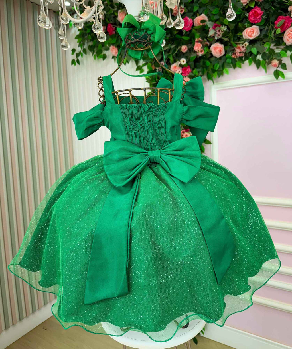 Vestido Verde Midi com Tule de Glitter para Festas de Natal