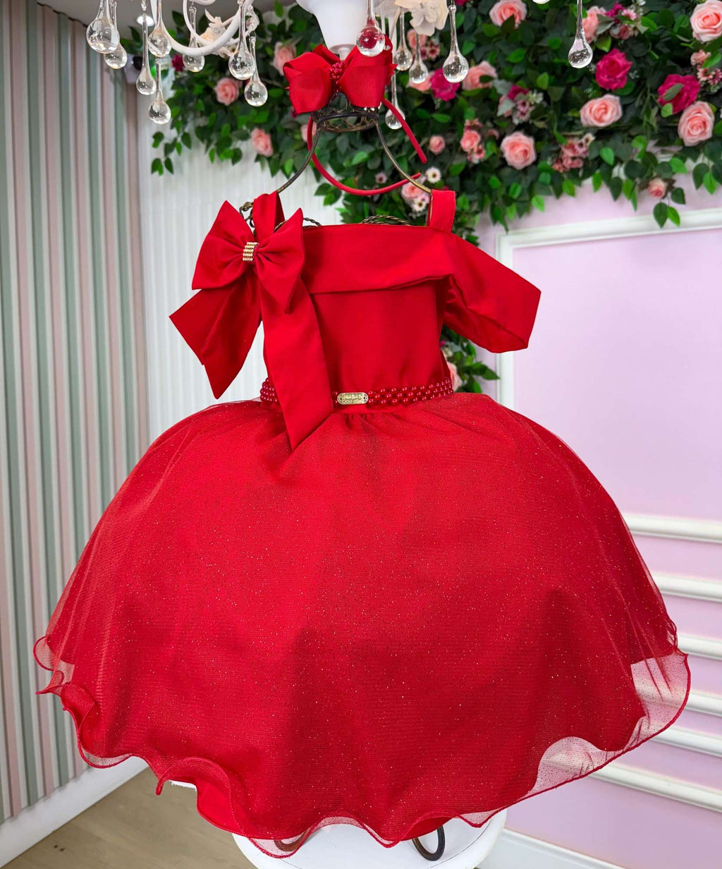 Vestido Midi Vermelho com Tule de Glitter para Festas de Natal