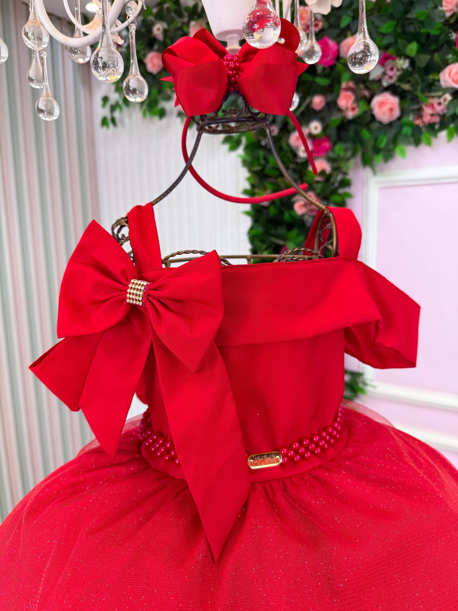 Vestido Midi Vermelho com Tule de Glitter para Festas de Natal