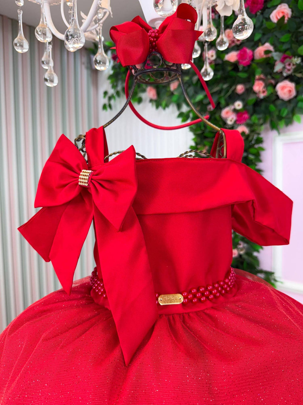 Vestido Midi Vermelho com Tule de Glitter para Festas de Natal