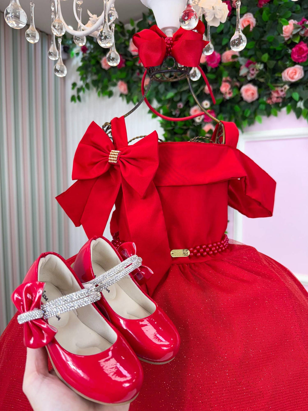 Vestido Midi Vermelho com Tule de Glitter para Festas de Natal