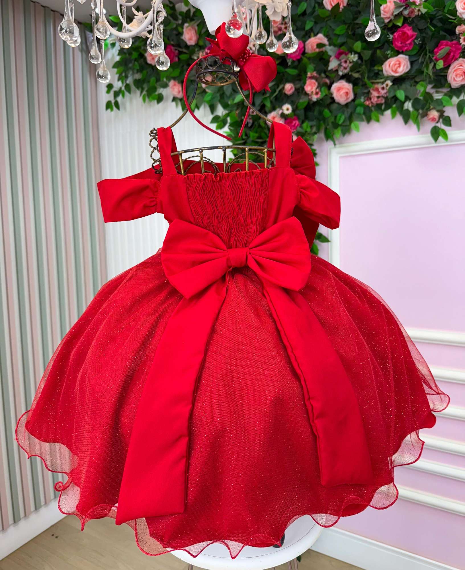 Vestido Midi Vermelho com Tule de Glitter para Festas de Natal