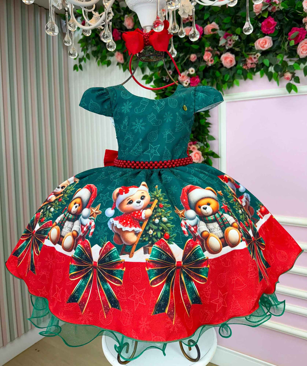 Vestido Natalino Verde com Ursinhos Fofos e Laço Vermelho