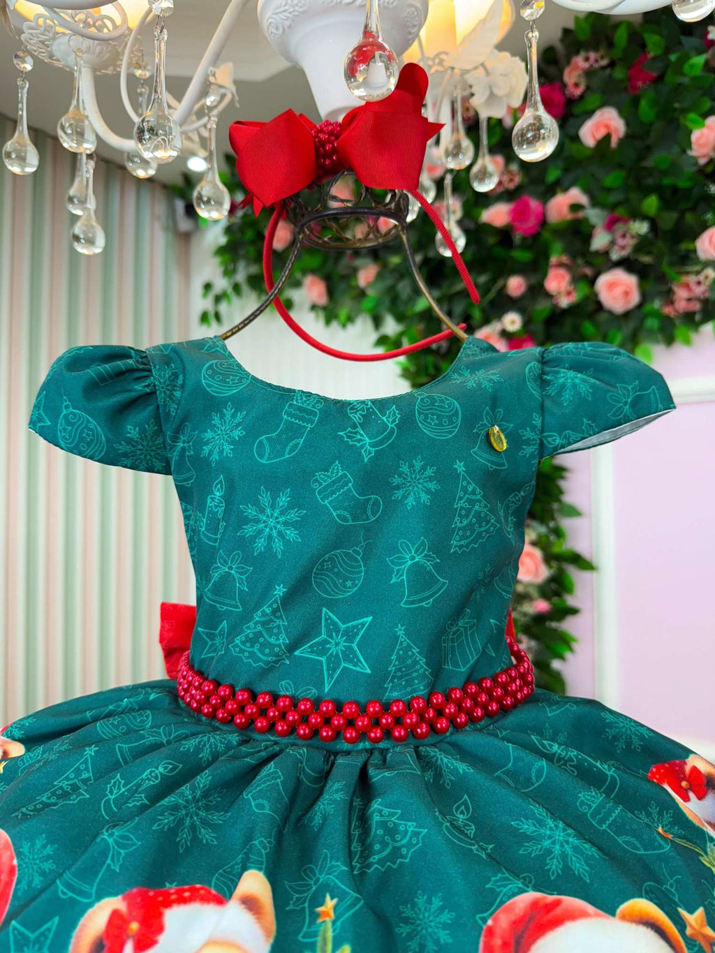 Vestido Natalino Verde com Ursinhos Fofos e Laço Vermelho