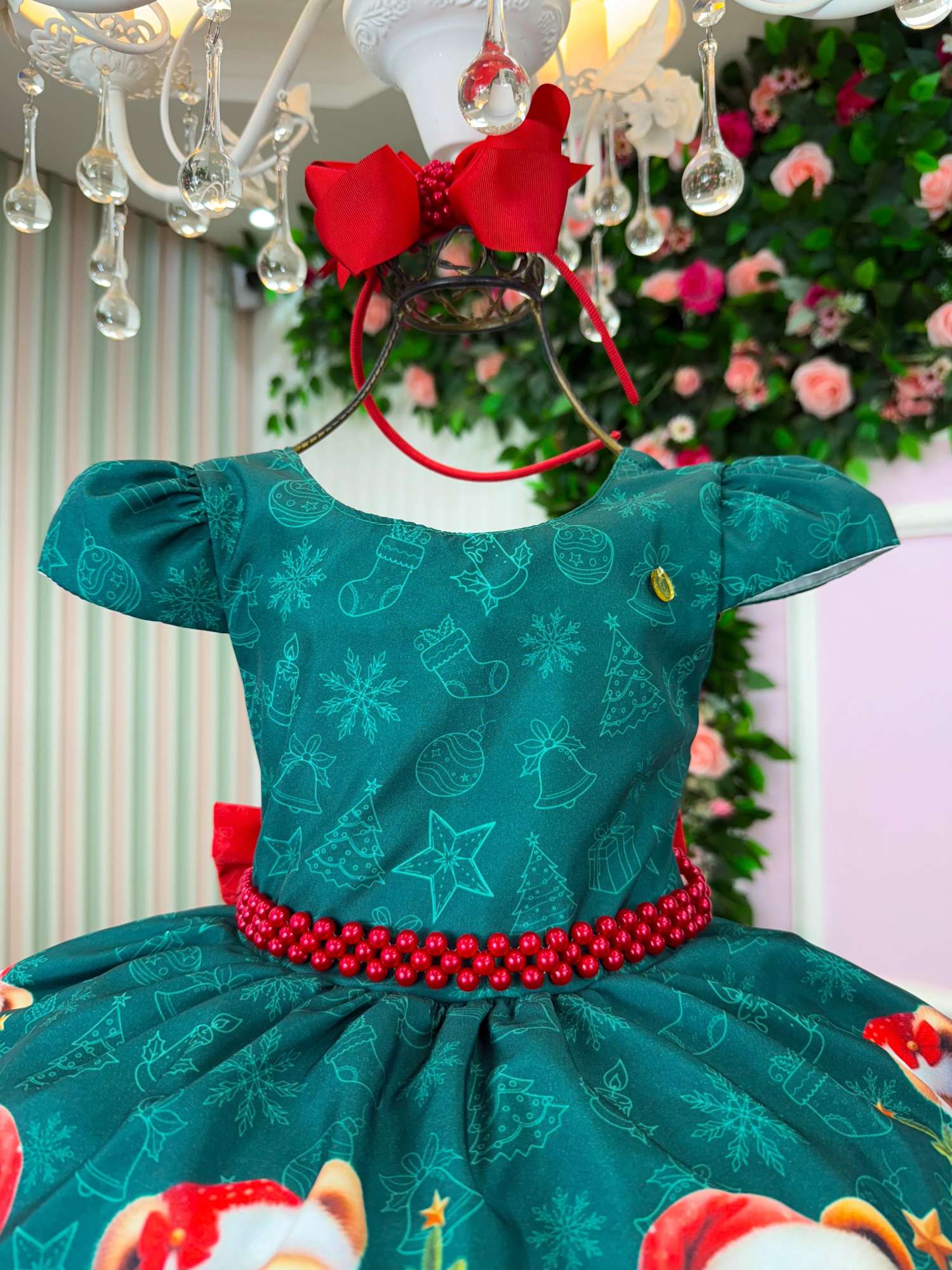 Vestido Natalino Verde com Ursinhos Fofos e Laço Vermelho