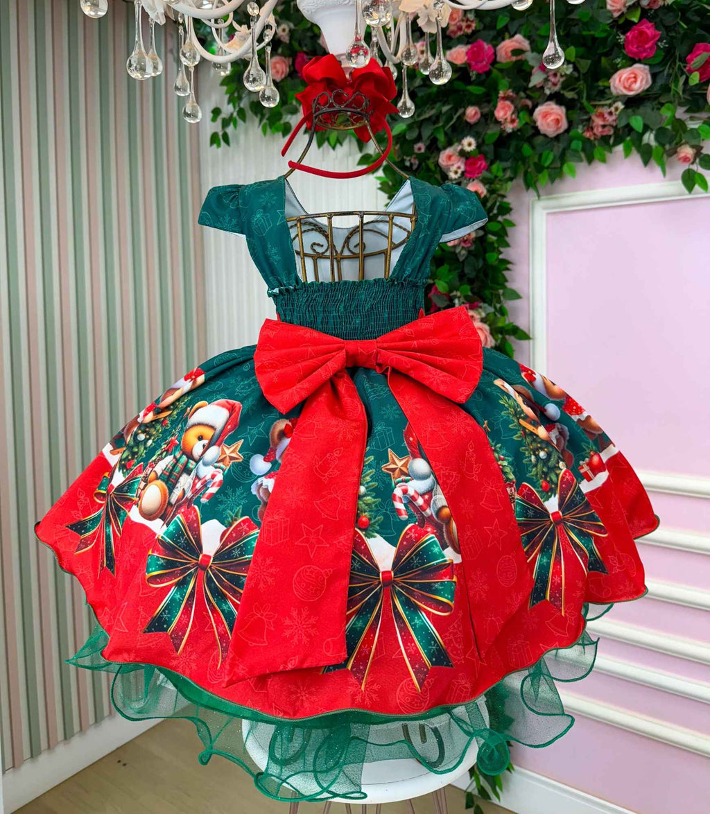 Vestido Natalino Verde com Ursinhos Fofos e Laço Vermelho