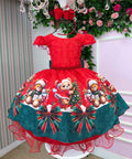 Vestido Vermelho com Ursinhos Natalinos e Laço Verde