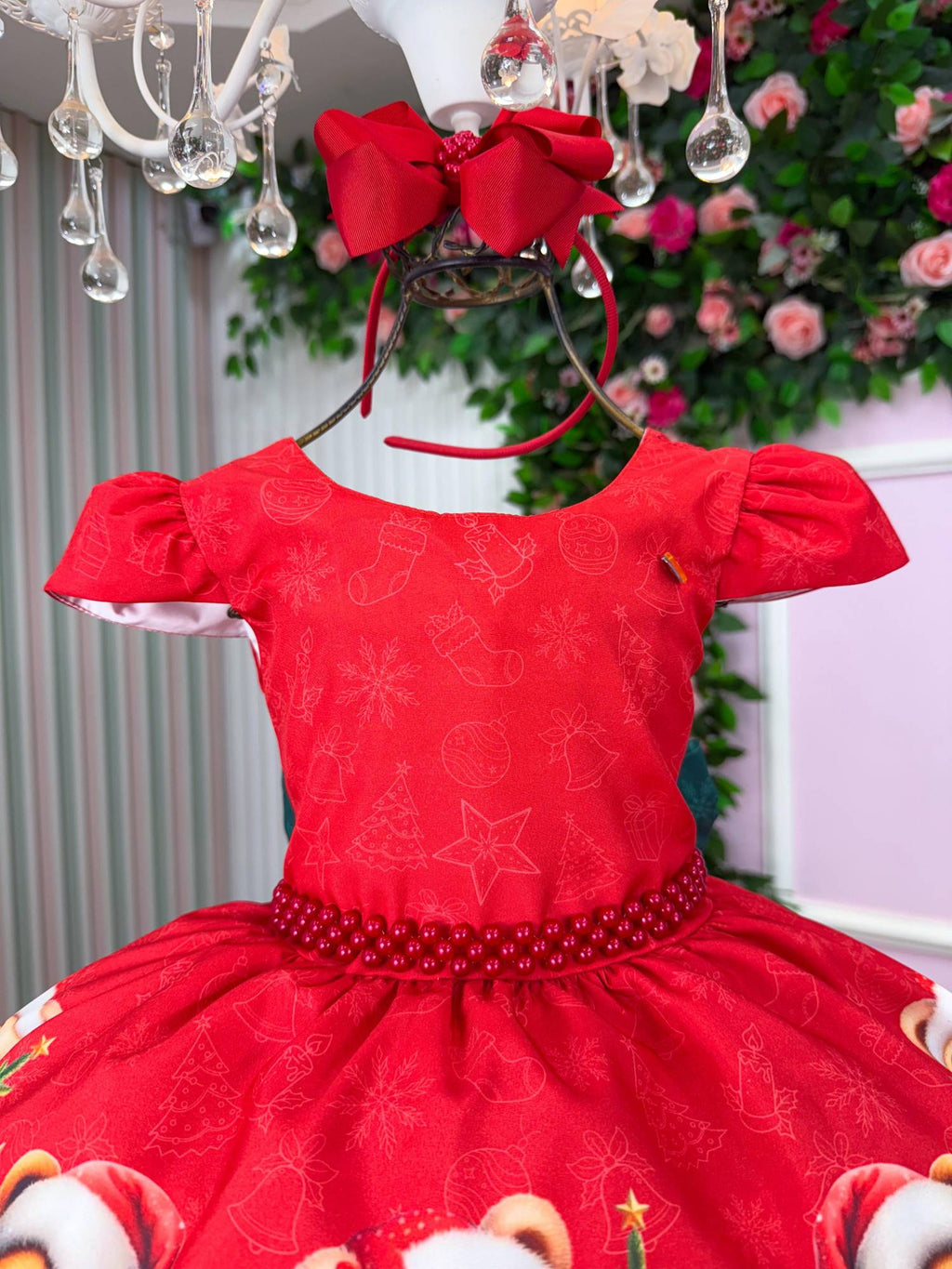 Vestido Vermelho com Ursinhos Natalinos e Laço Verde