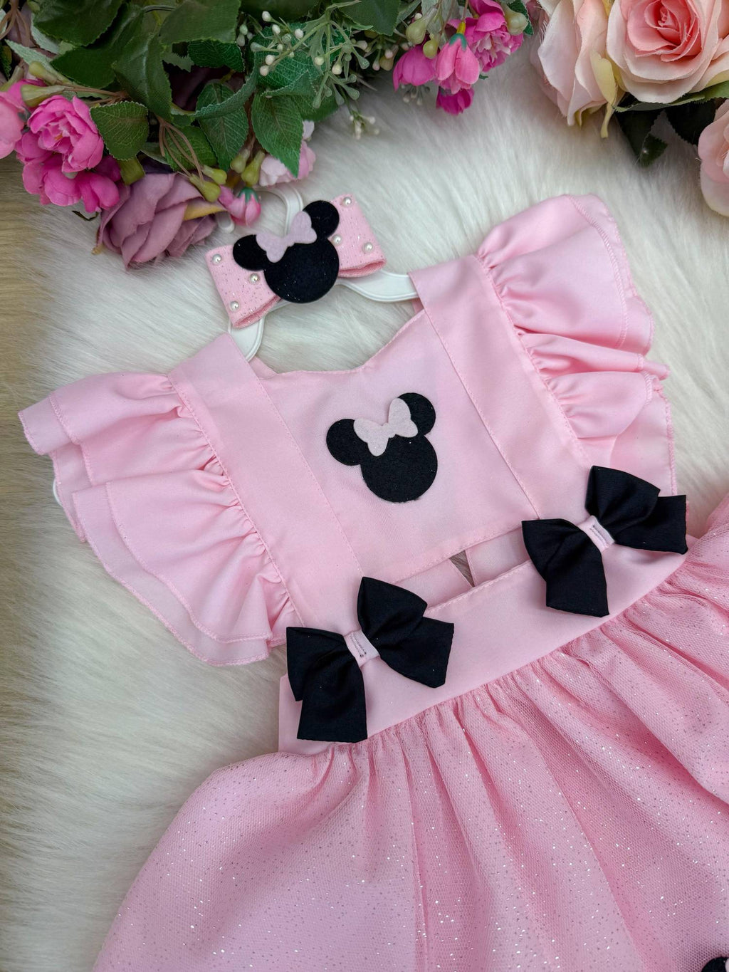 Vestido Rosa Tule Infantil com Laço para Meninas de 3 Meses a 2 Anos