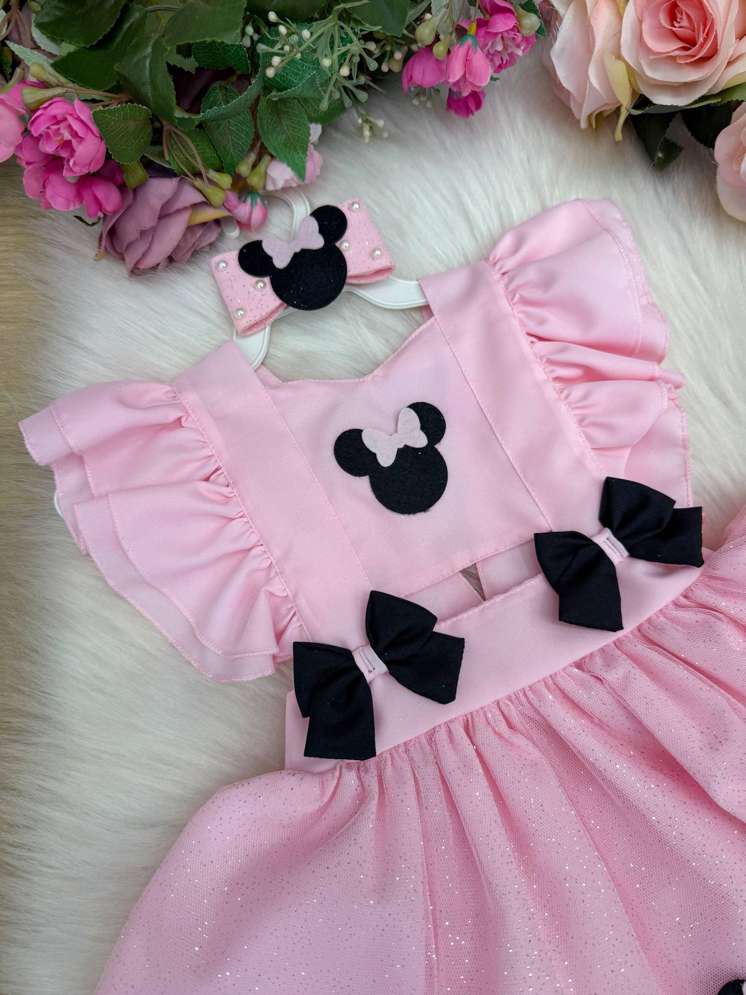 Vestido Rosa Tule Infantil com Laço para Meninas de 3 Meses a 2 Anos