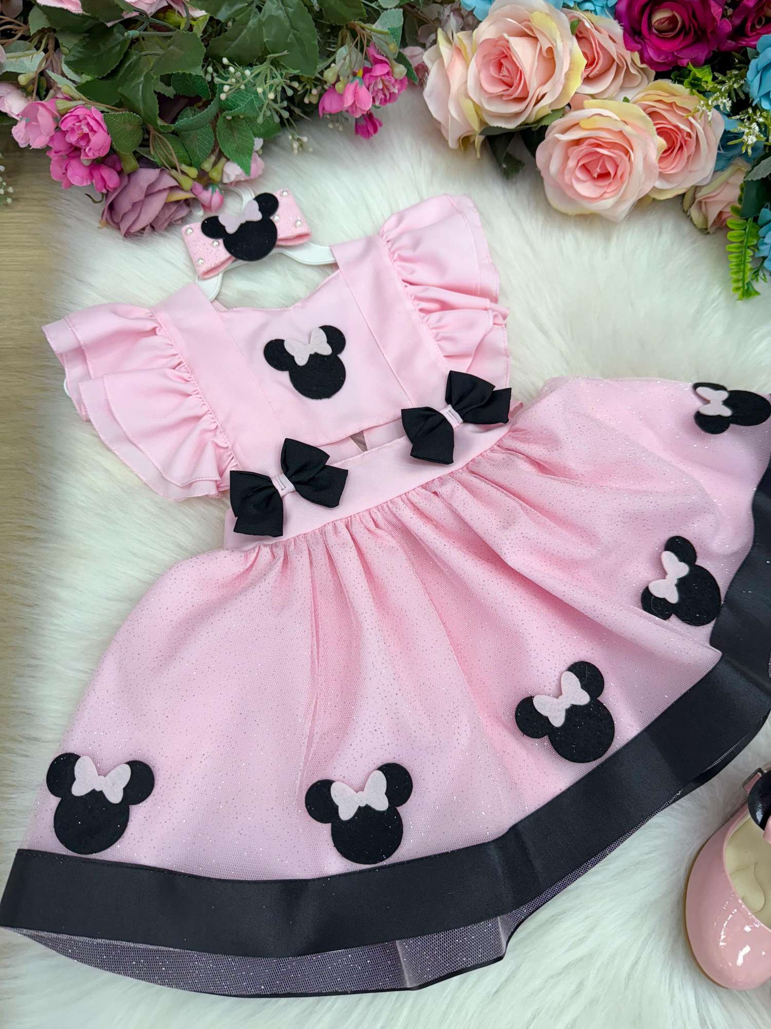 Vestido Rosa Tule Infantil com Laço para Meninas de 3 Meses a 2 Anos