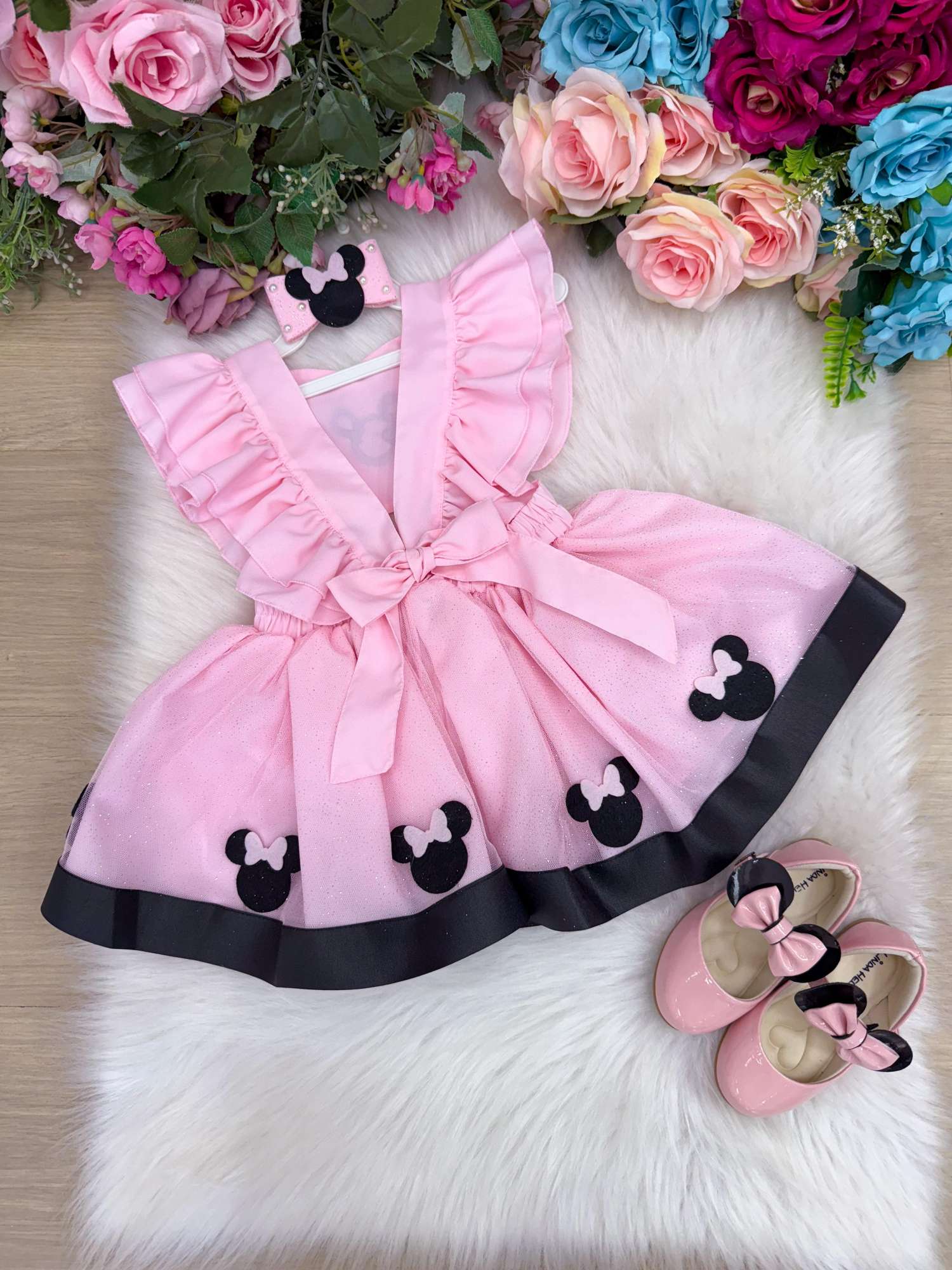 Vestido Rosa Tule Infantil com Laço para Meninas de 3 Meses a 2 Anos