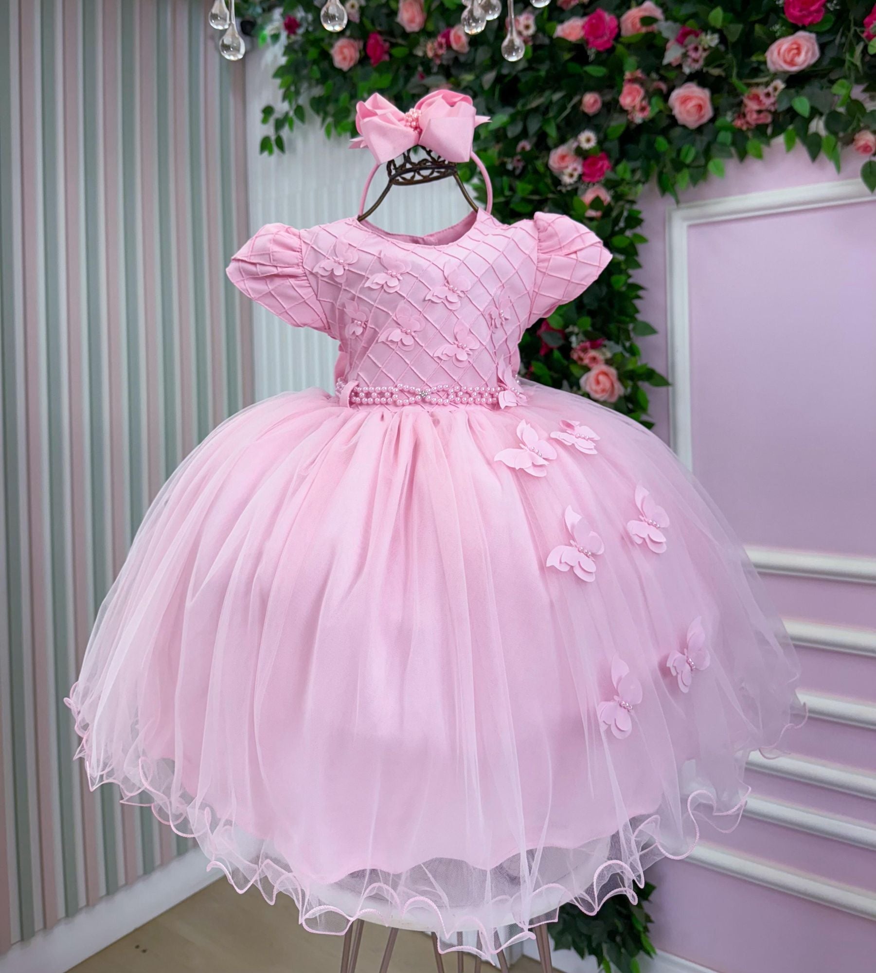 Vestido Rosa Bebê Tafetá para Menina com Laço e Gola Redonda