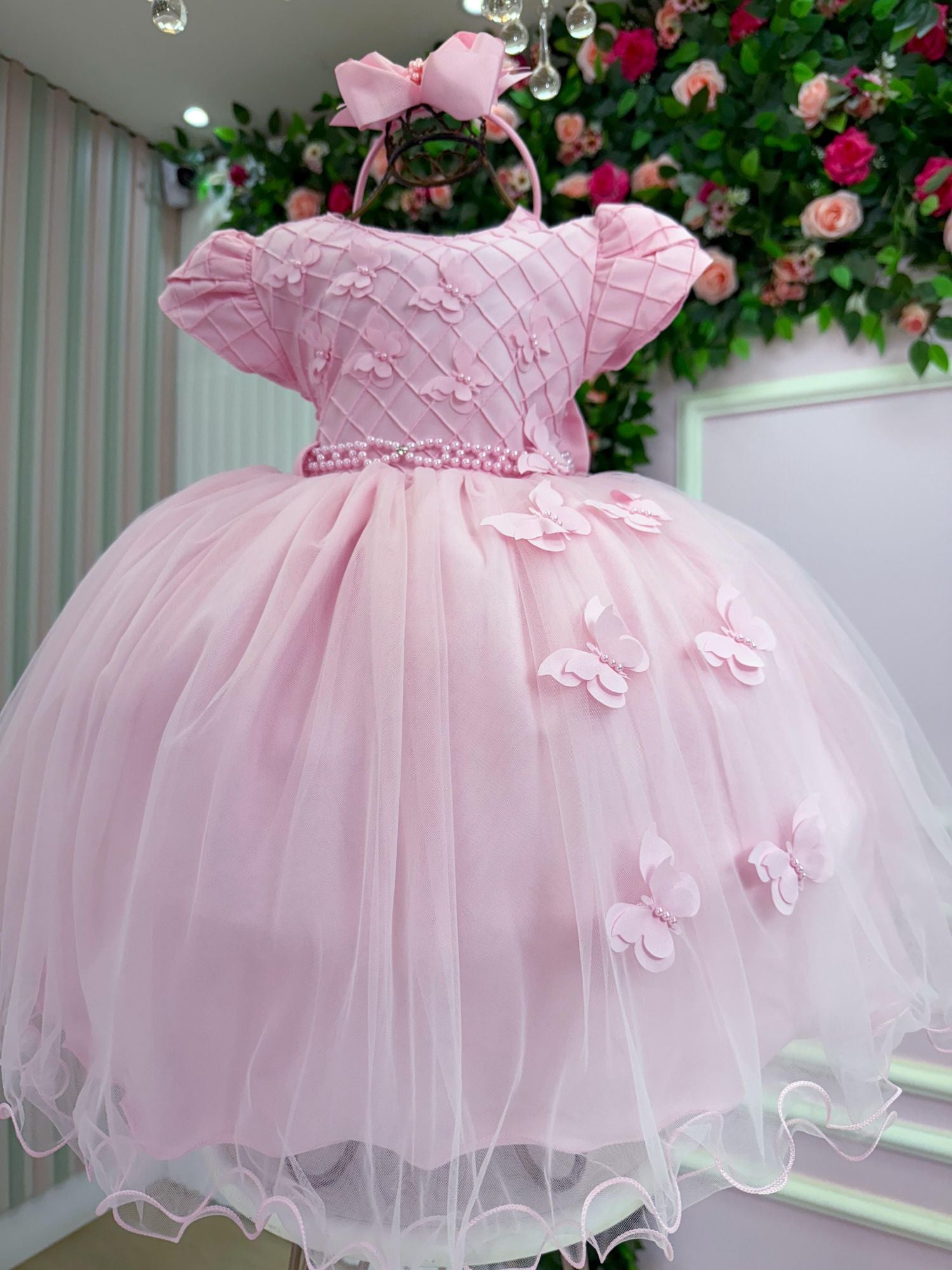 Vestido Rosa Bebê Tafetá para Menina com Laço e Gola Redonda