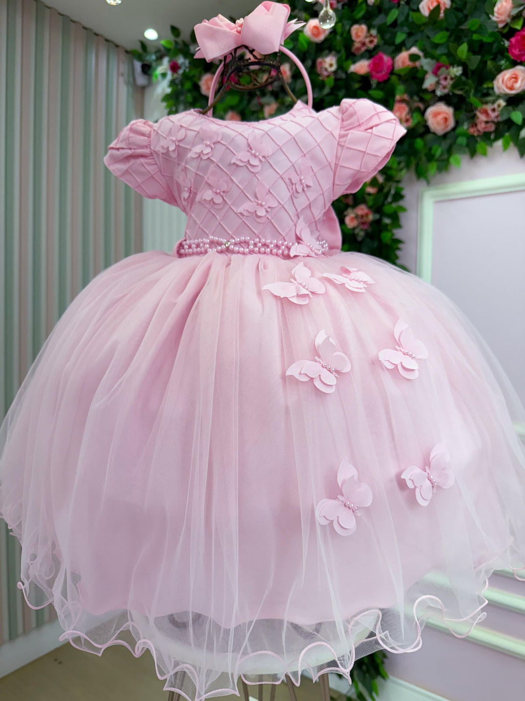 Vestido Rosa Bebê Tafetá para Menina com Laço e Gola Redonda