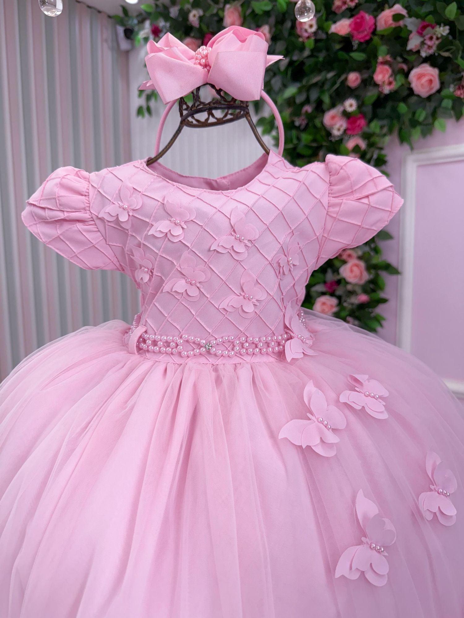 Vestido Rosa Bebê Tafetá para Menina com Laço e Gola Redonda
