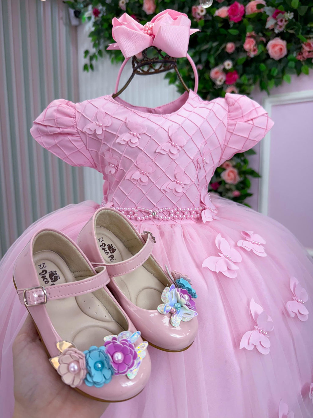 Vestido Rosa Bebê Tafetá para Menina com Laço e Gola Redonda