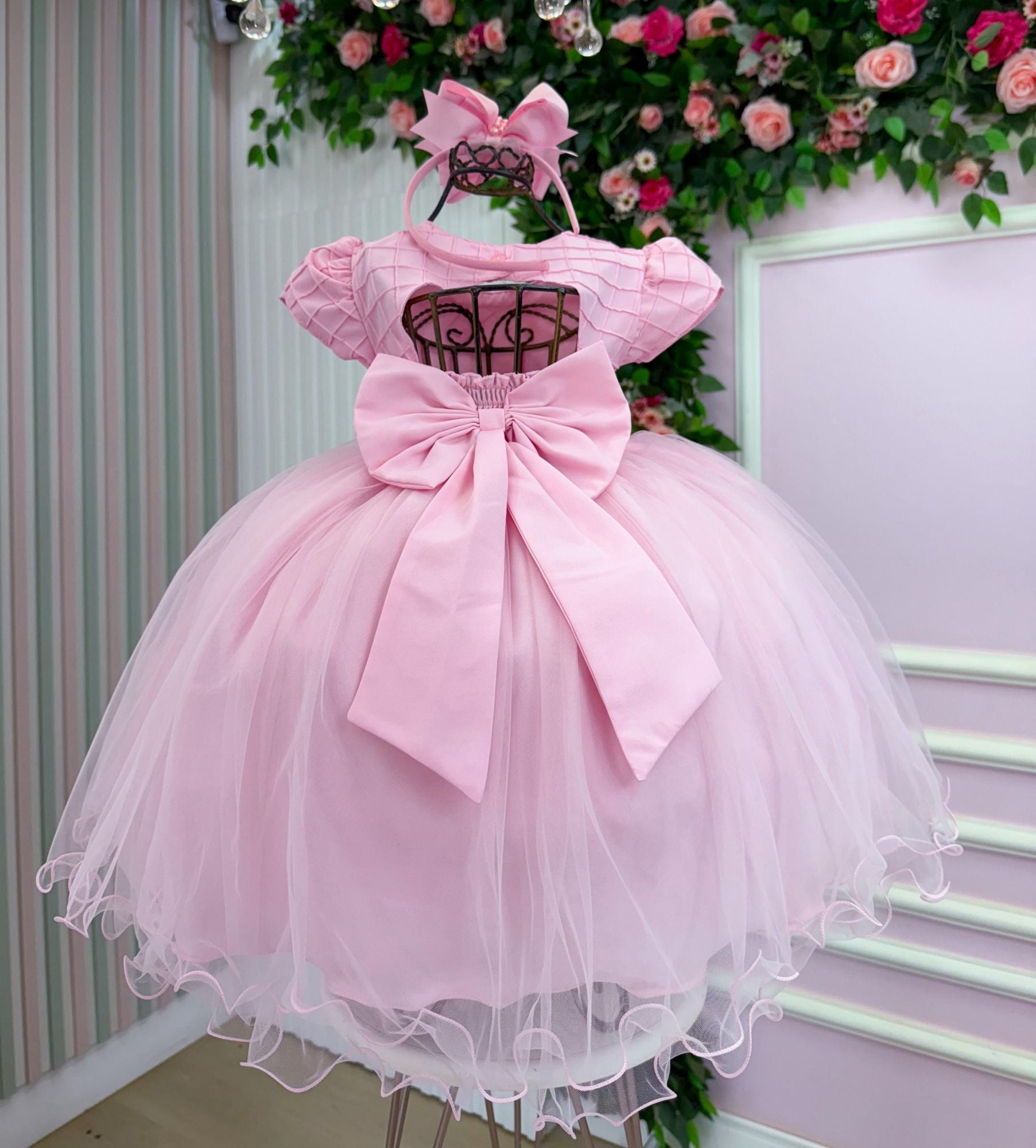 Vestido Rosa Bebê Tafetá para Menina com Laço e Gola Redonda
