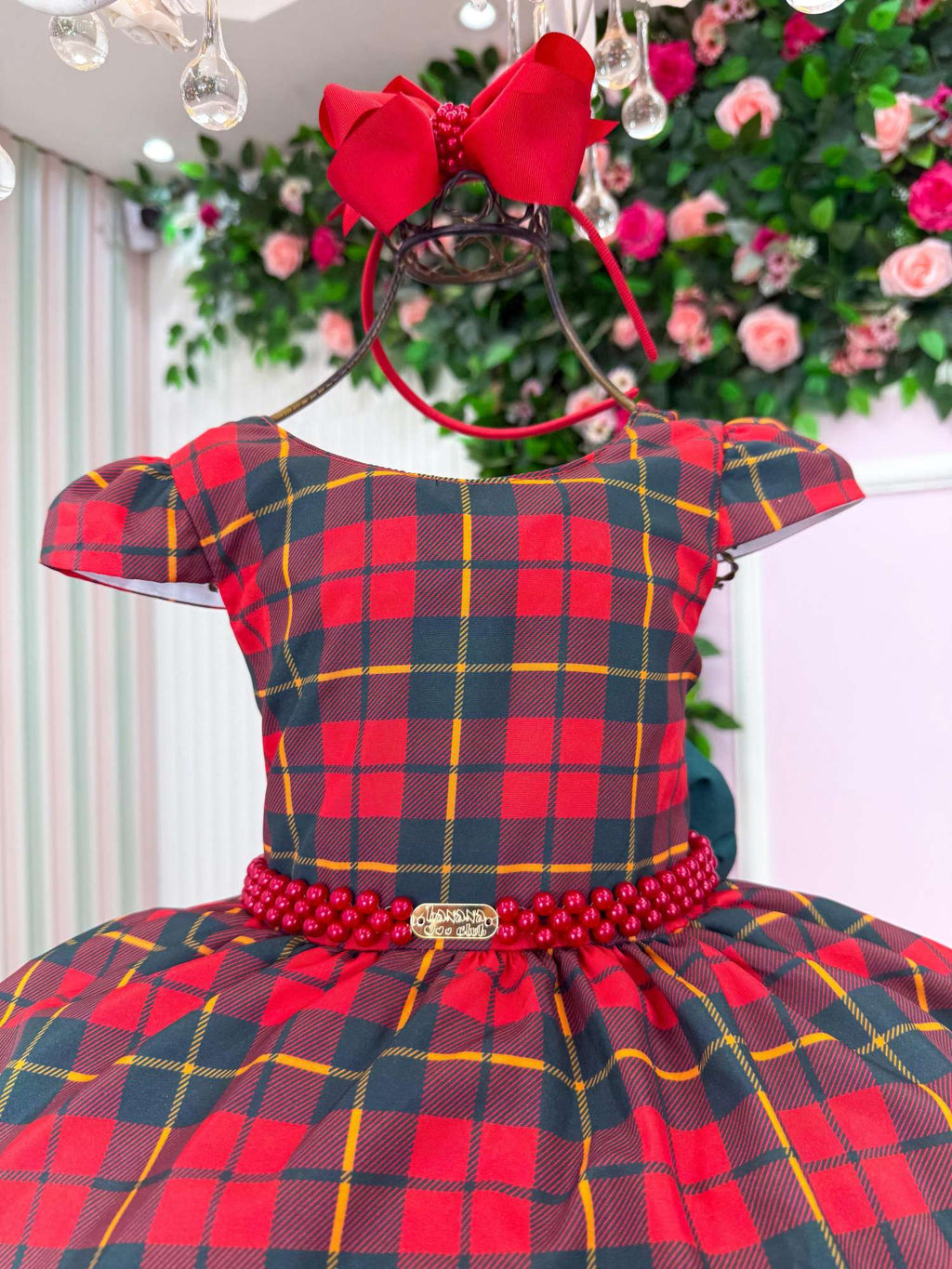 Vestido Vermelho com Ursinhos Natalinos e Laço Verde