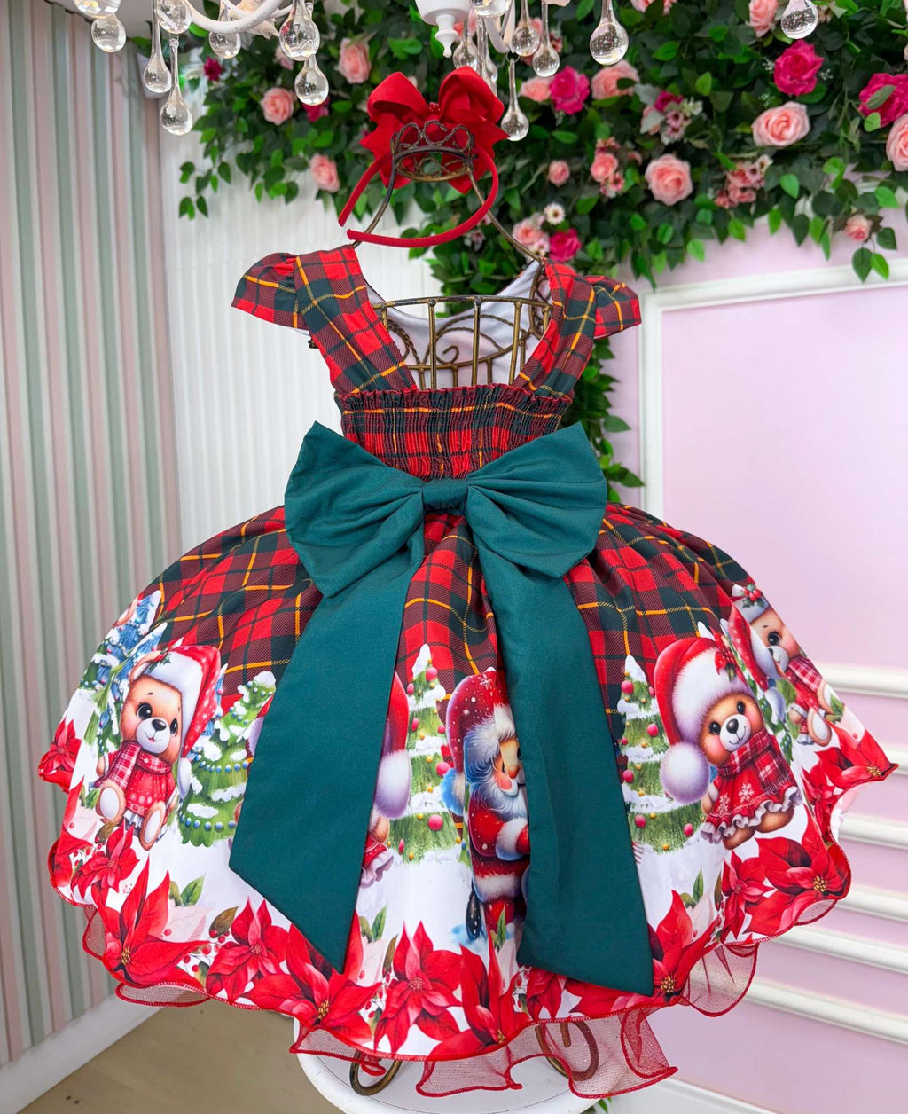 Vestido Vermelho com Ursinhos Natalinos e Laço Verde