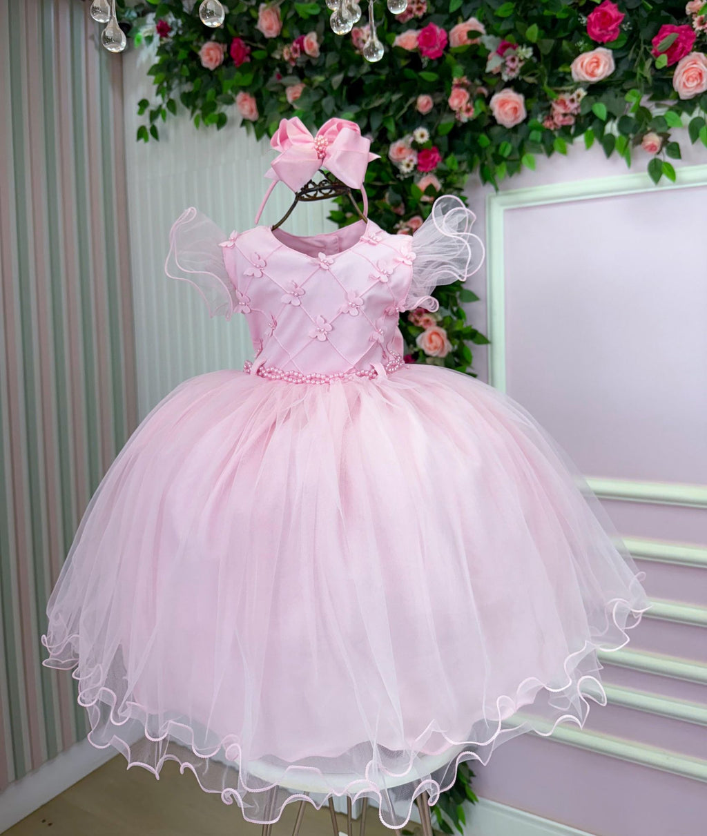 Vestido Rosa Bebê em Tecido Tafeta para Meninas com Laço