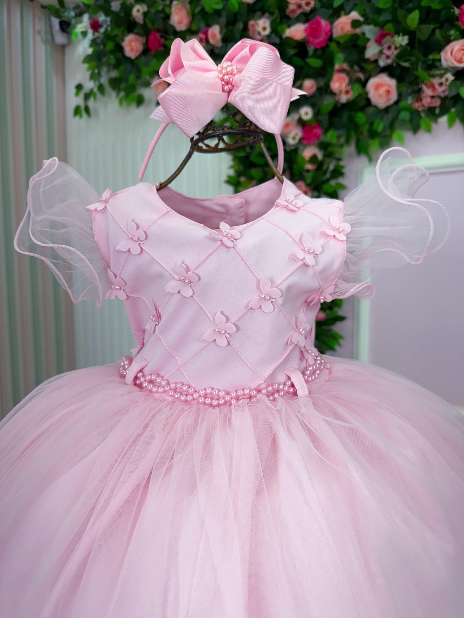 Vestido Rosa Bebê em Tecido Tafeta para Meninas com Laço