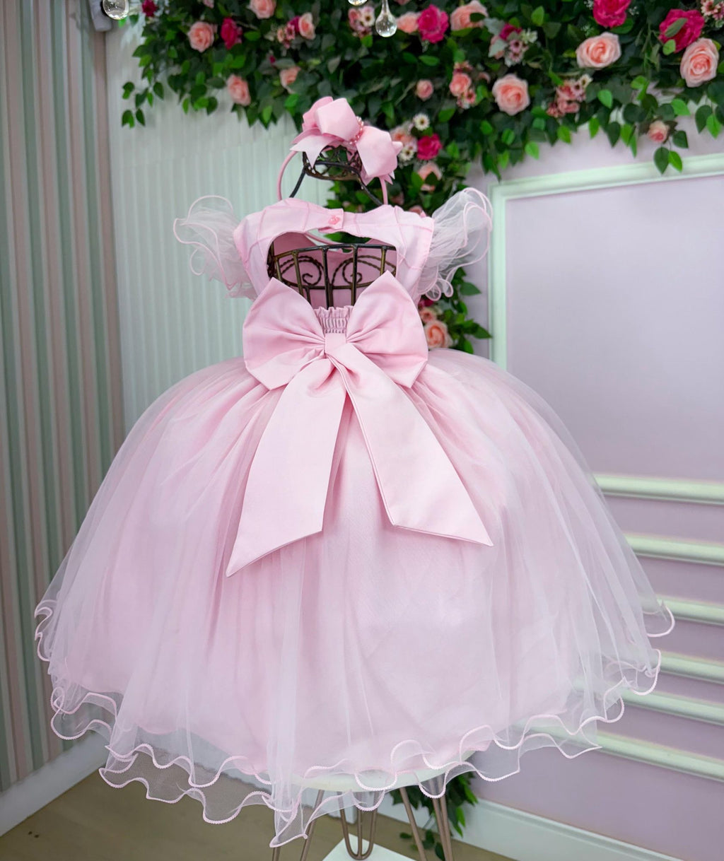 Vestido Rosa Bebê em Tecido Tafeta para Meninas com Laço