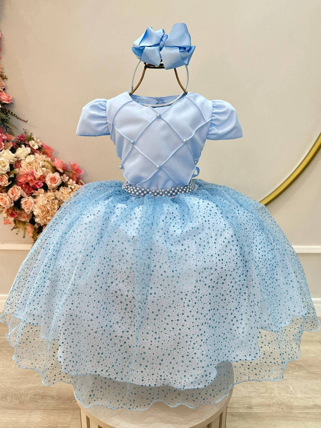 Vestido Infantil Azul com Glitter e Busto Nervura para Festas