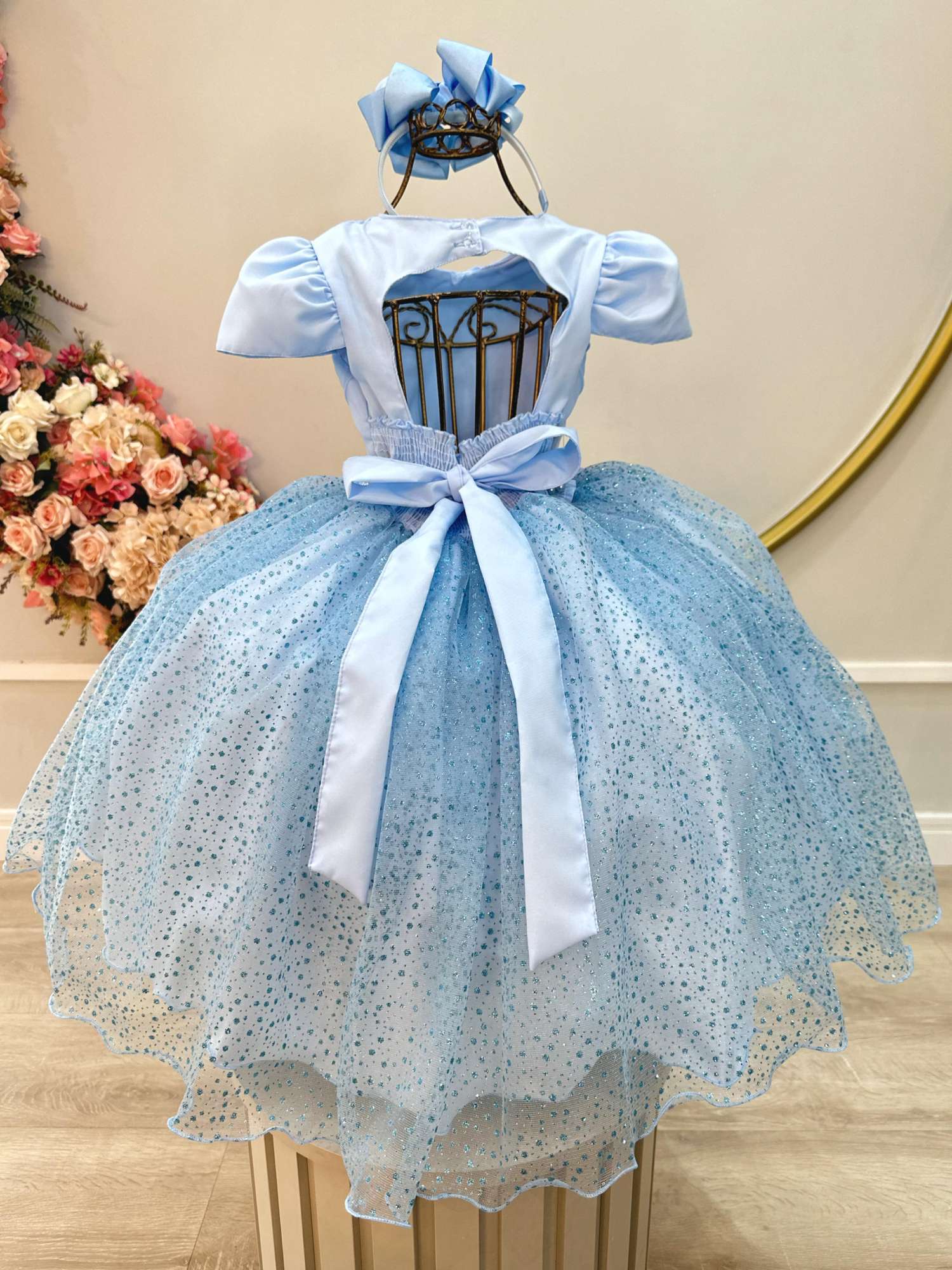 Vestido Infantil Azul com Glitter e Busto Nervura para Festas