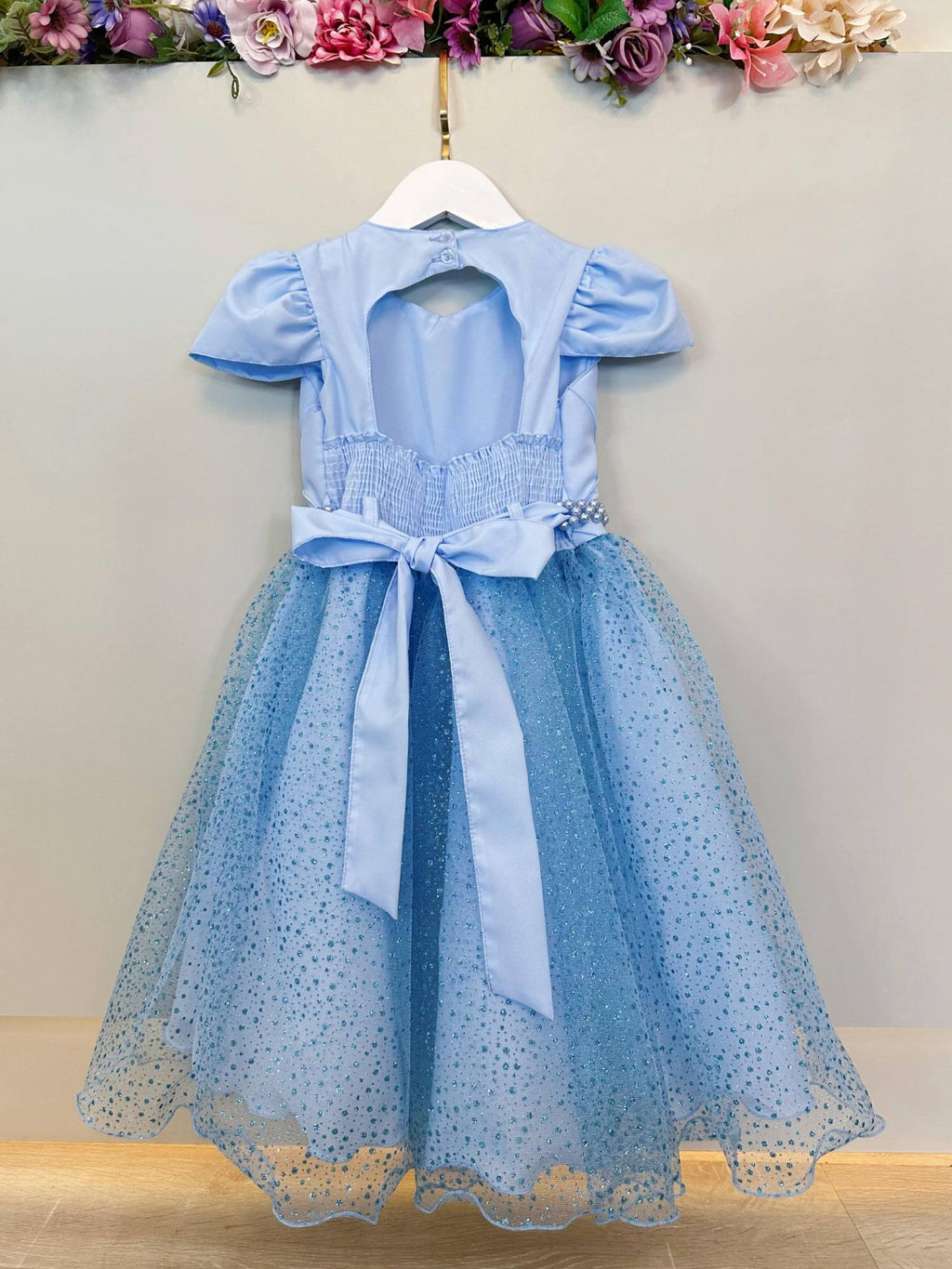 Vestido Infantil Azul com Glitter e Busto Nervura para Festas